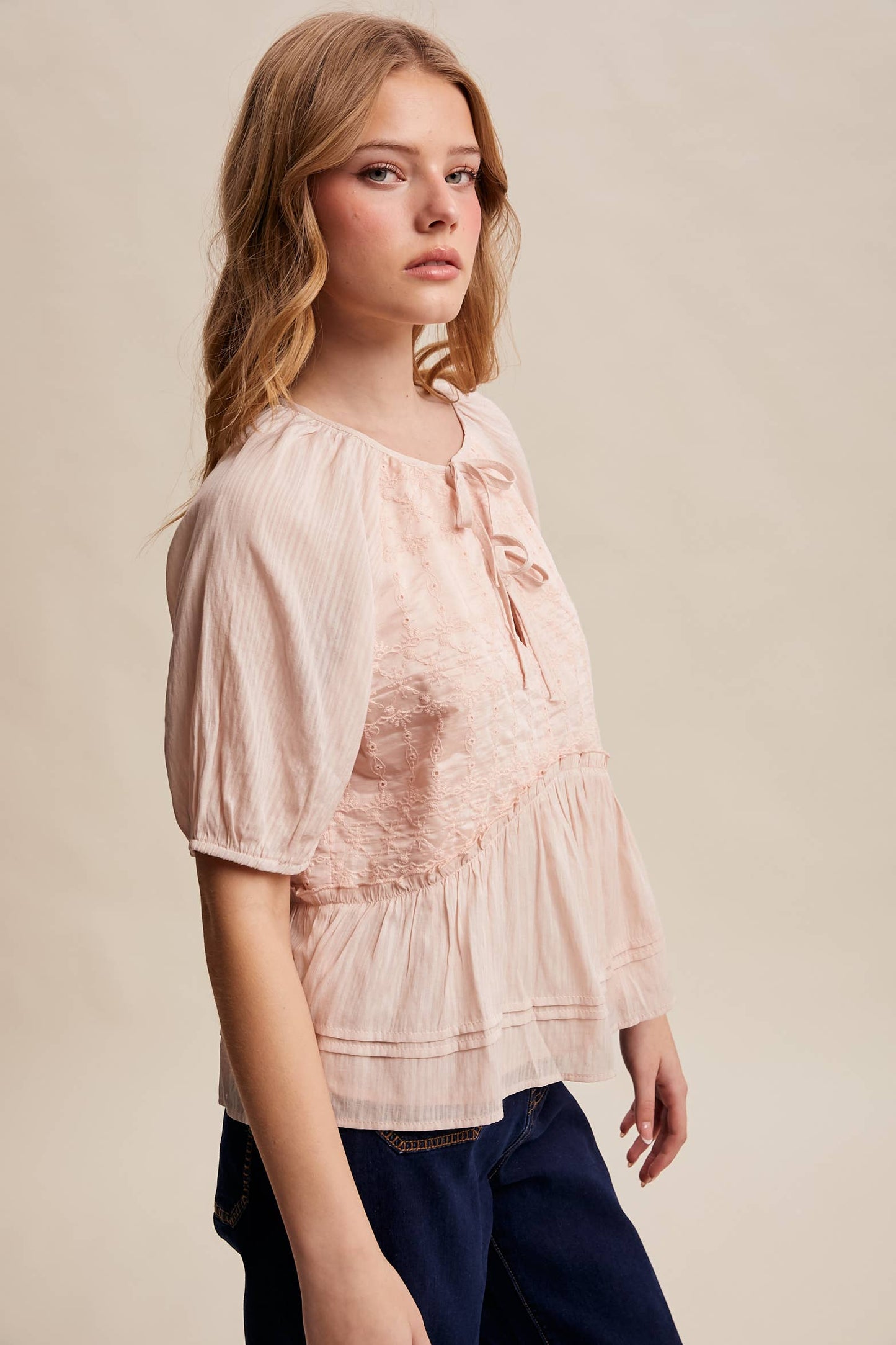 Embroidered Peplum Tie-Front Top – Petal