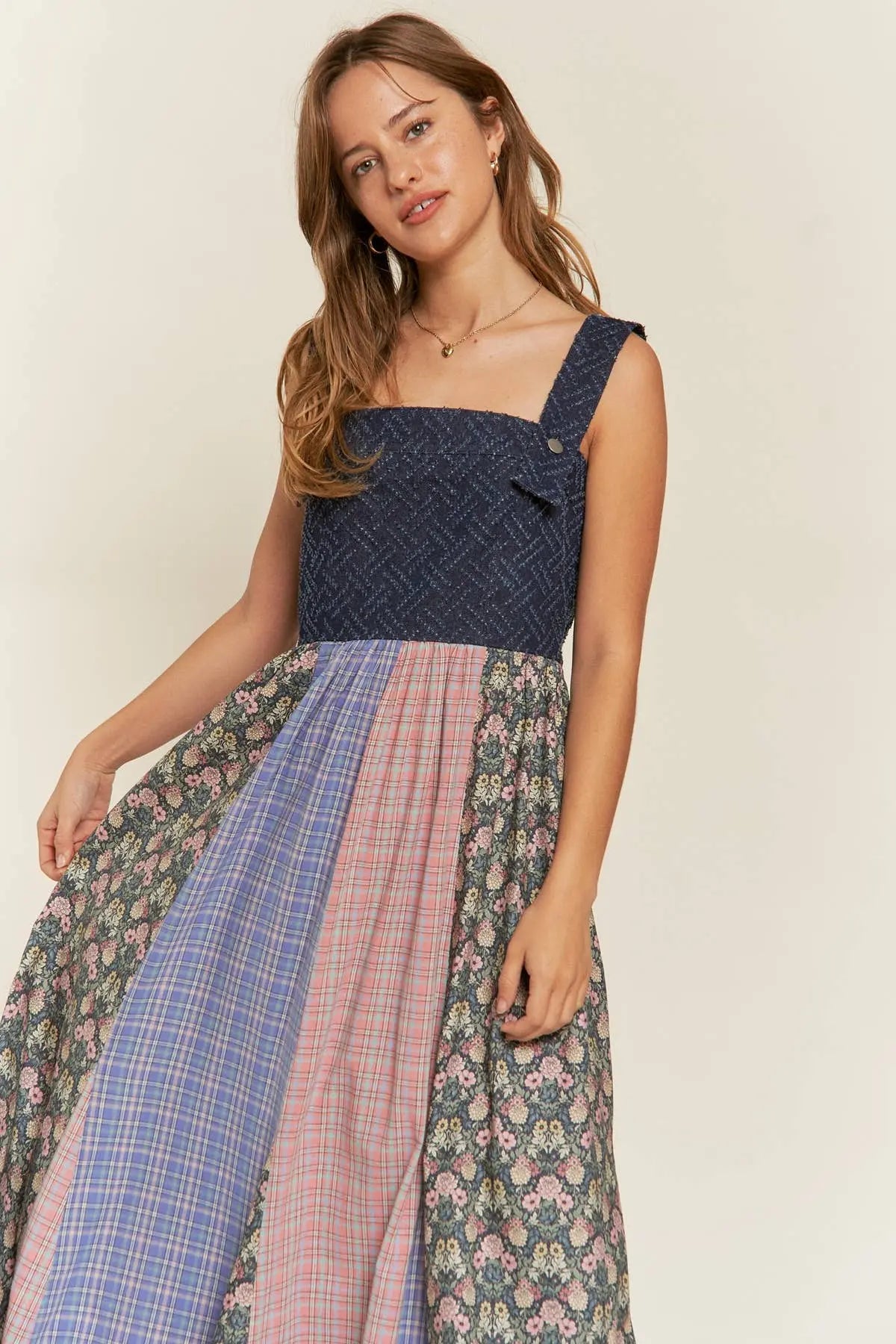 Becky- VINTAGE PLAID/FLORAL & DENIM SUSPENDER MAXI DRESS 926 West
