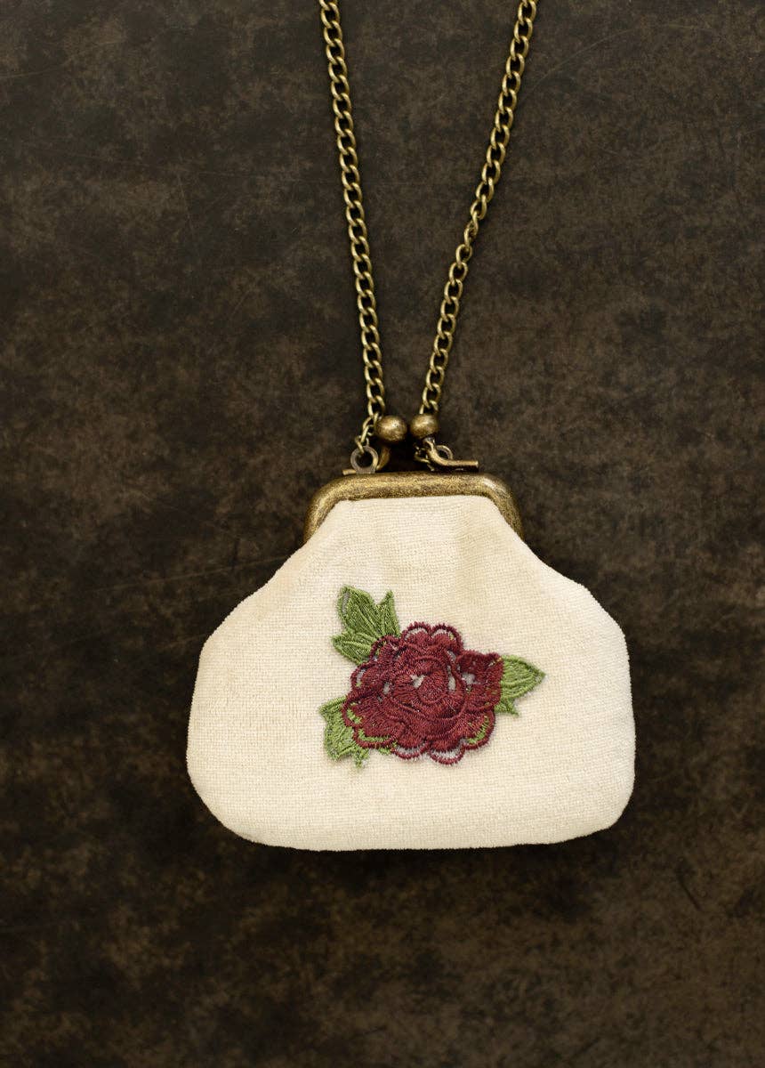 Deavaney Velvet Coin Purse in Cream | Embroidered Flower
