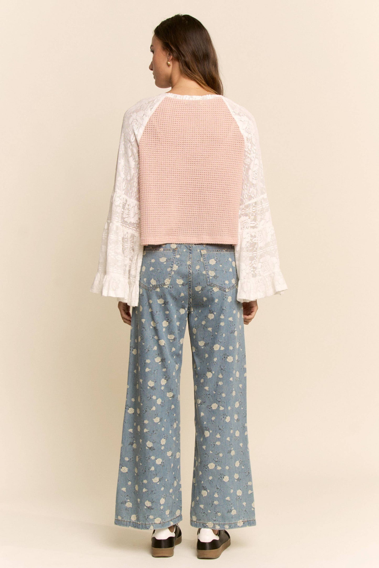 FLORAL PRINT HIGH-WAISTED WIDE-LEG DENIM PANTS