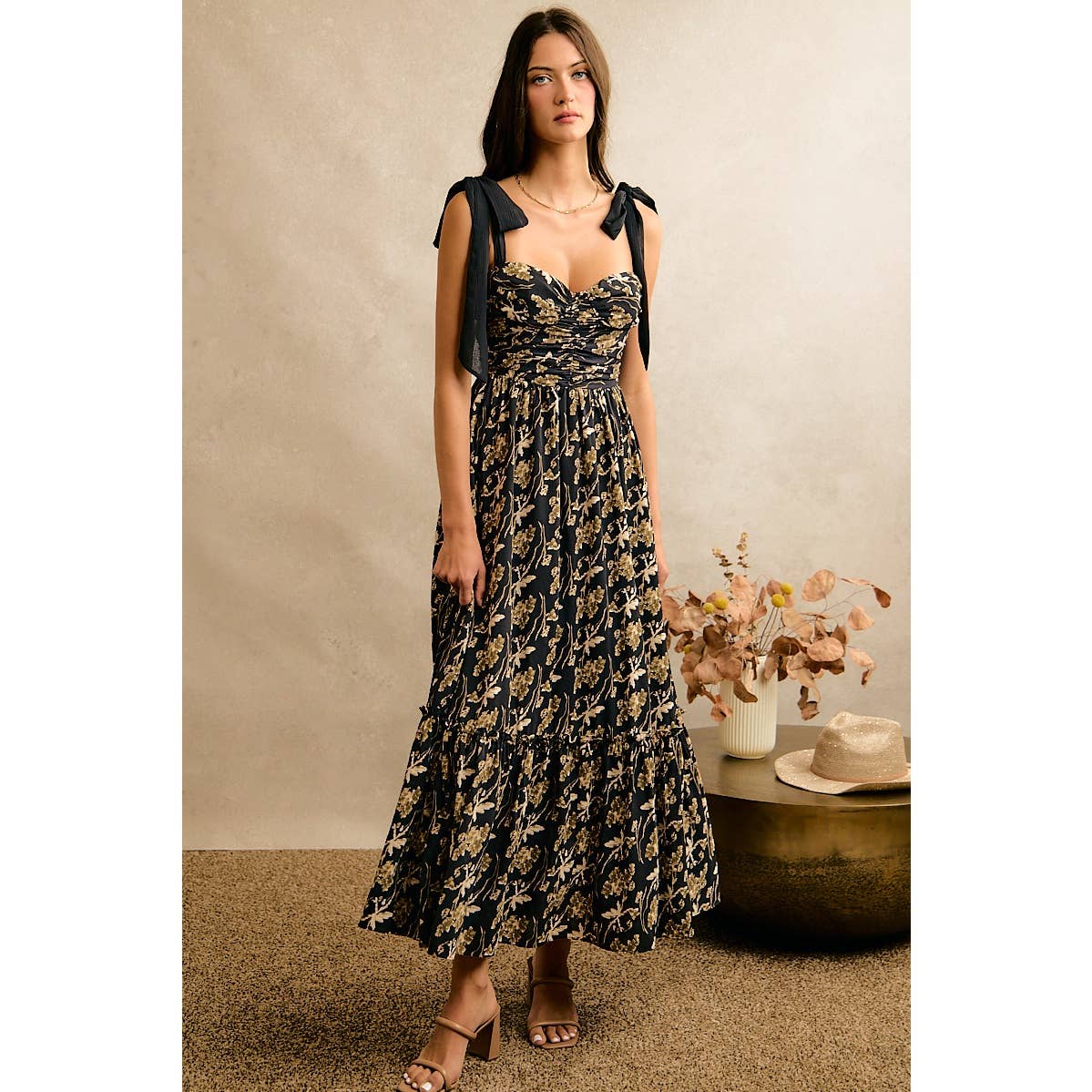 So Me Floral Print Ribbon Strap Maxi Dress