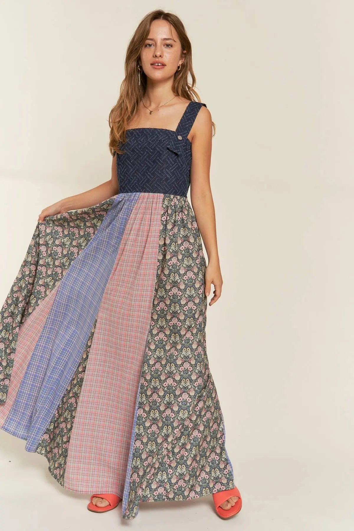 Becky- VINTAGE PLAID/FLORAL & DENIM SUSPENDER MAXI DRESS 926 West