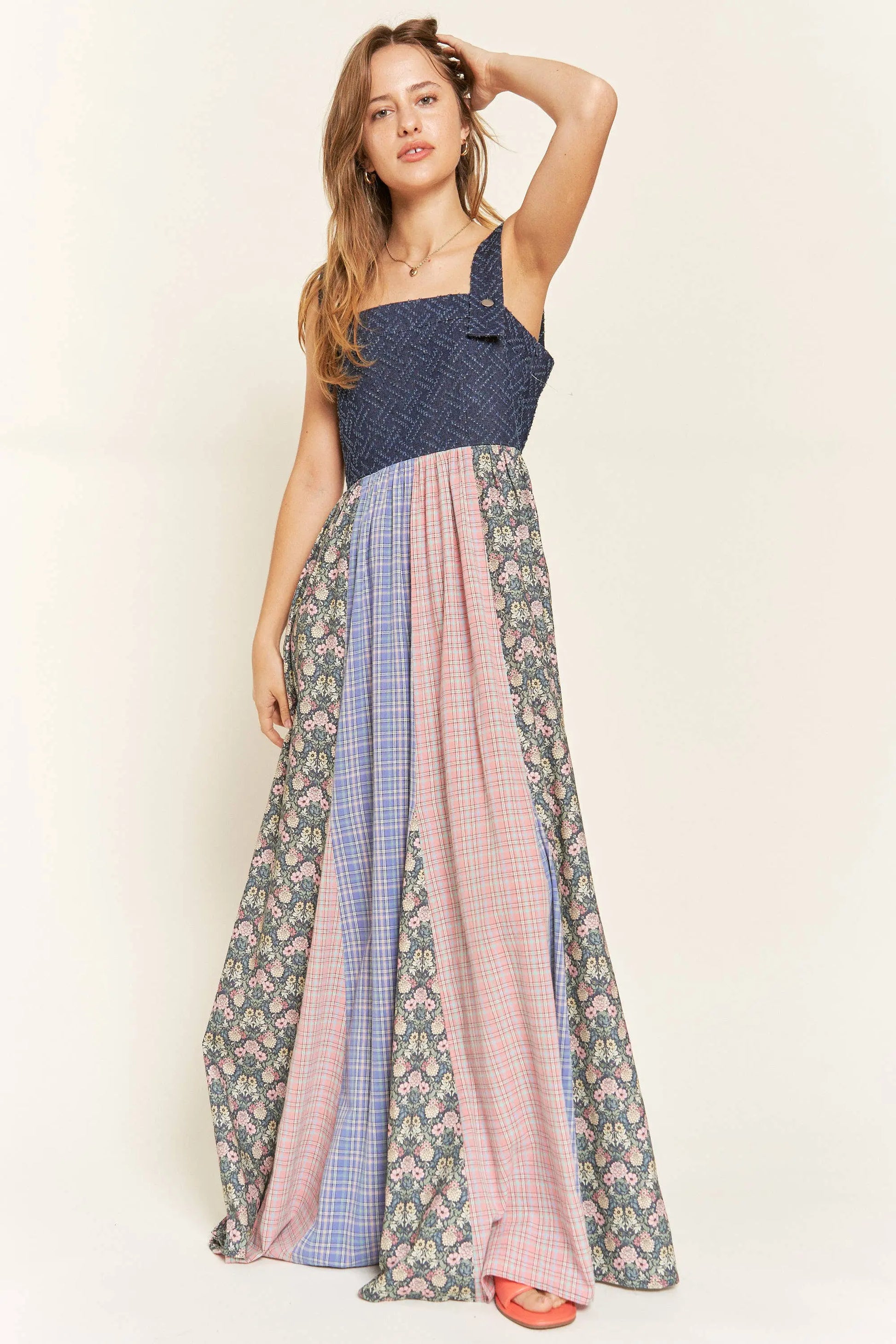 Becky- VINTAGE PLAID/FLORAL & DENIM SUSPENDER MAXI DRESS 926 West