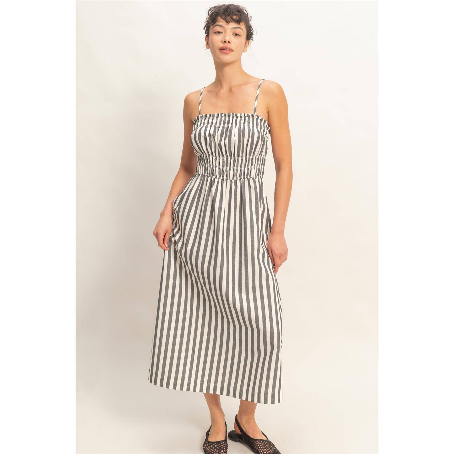 HYFVE - Striped Spaghetti Strap Smocking Midi Dress