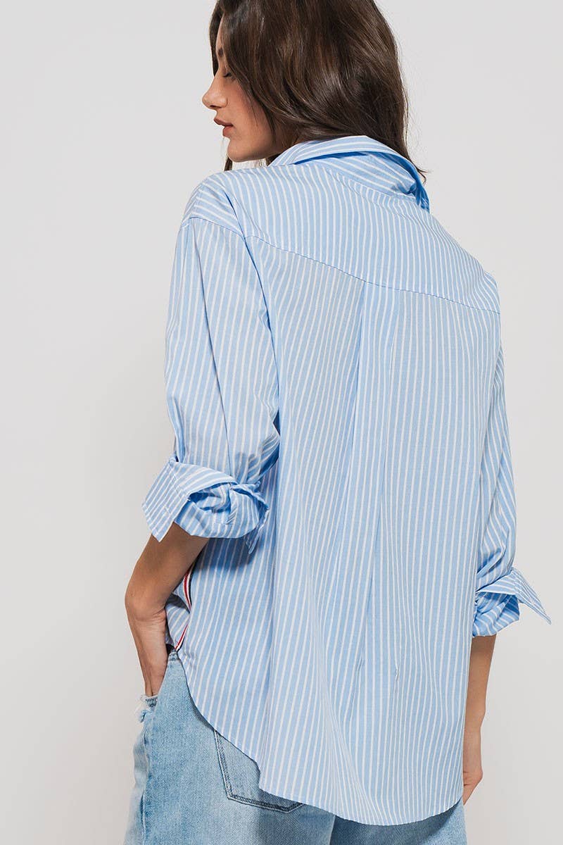 Striped Twill Tape Detail Statement Button Shirt Urban Daizy