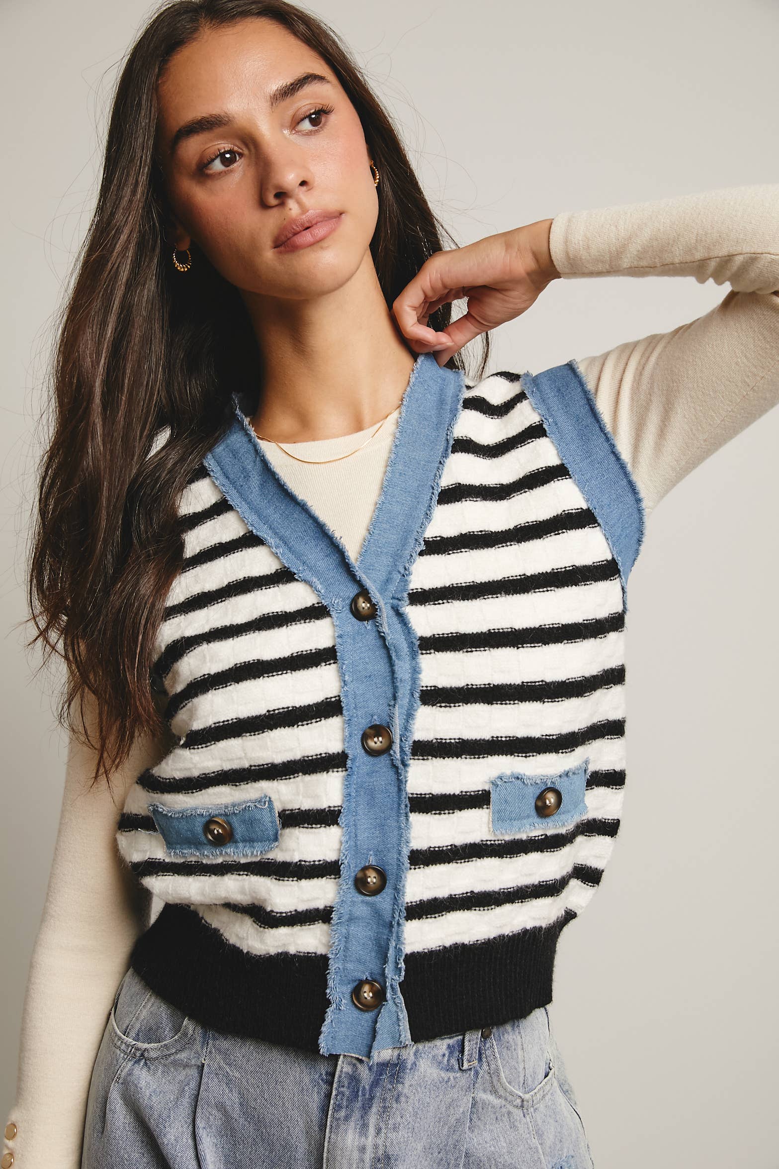 Your Favorite Denim Trim Knit Vest - 926 West