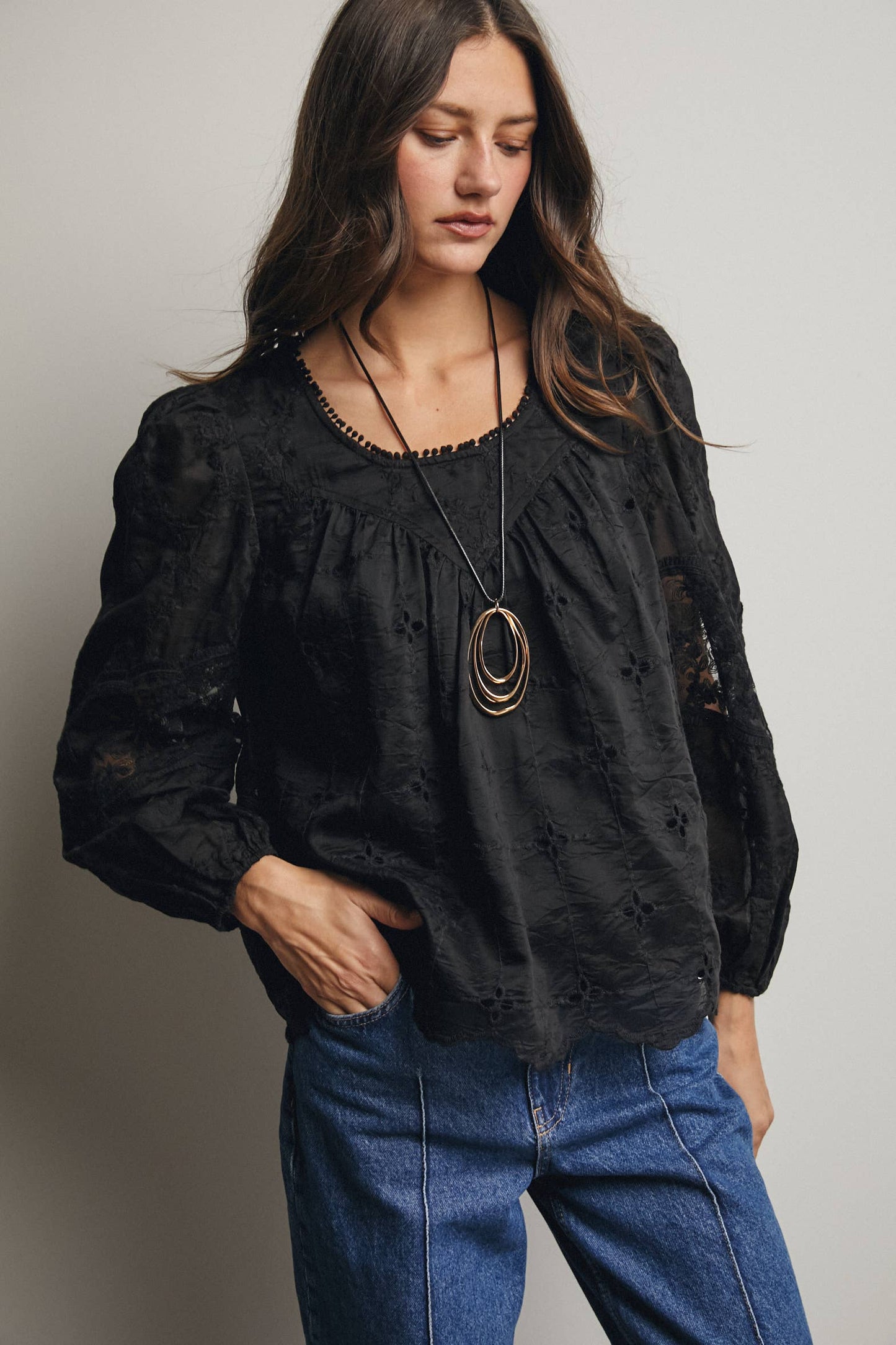 Forte - Embroidered Lace Puff Sleeve Blouse