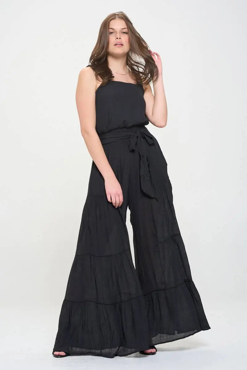 Women's Black ELASTIC STRAP TIERED JUMPSUIT 926 West