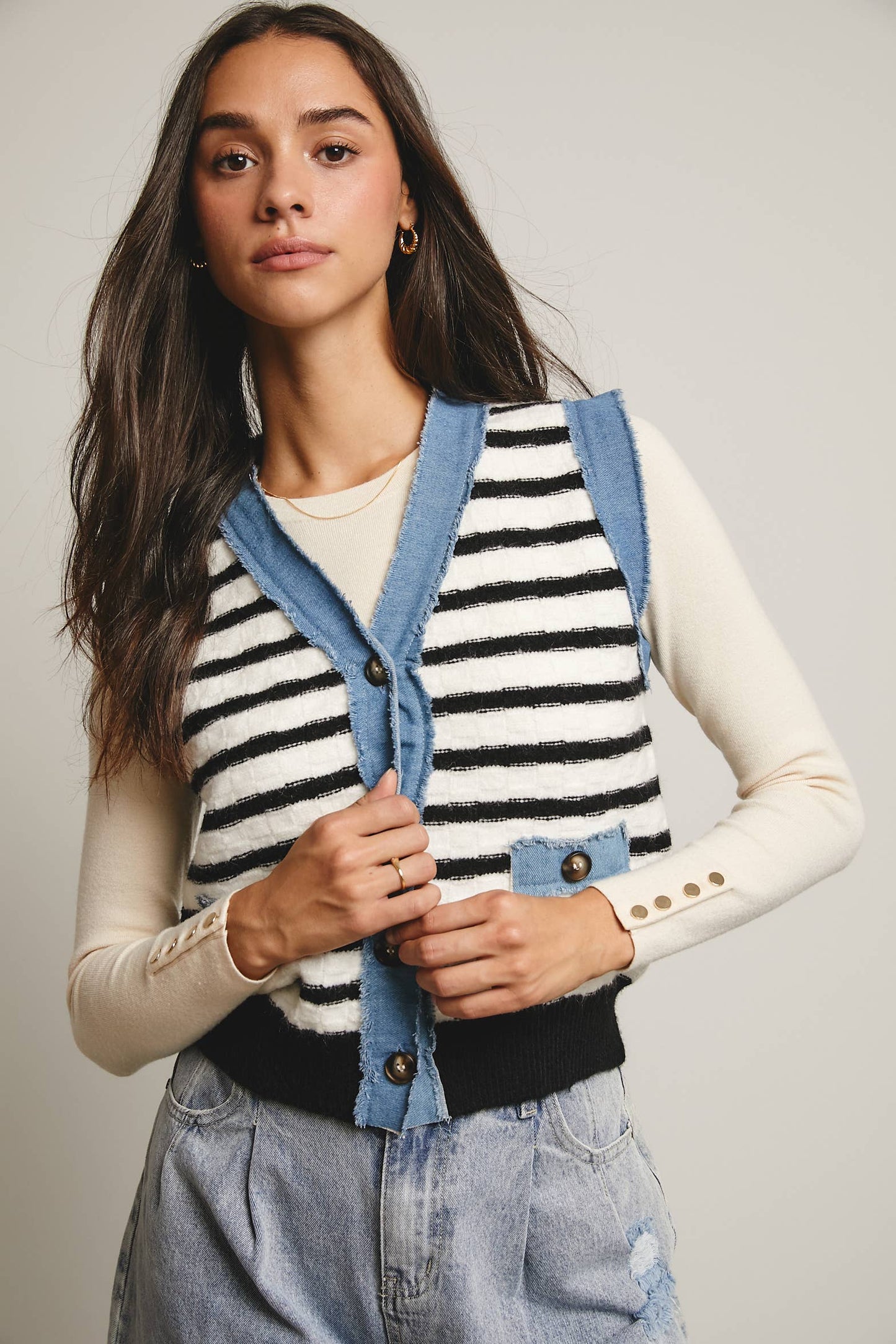 Your Favorite Denim Trim Knit Vest - 926 West