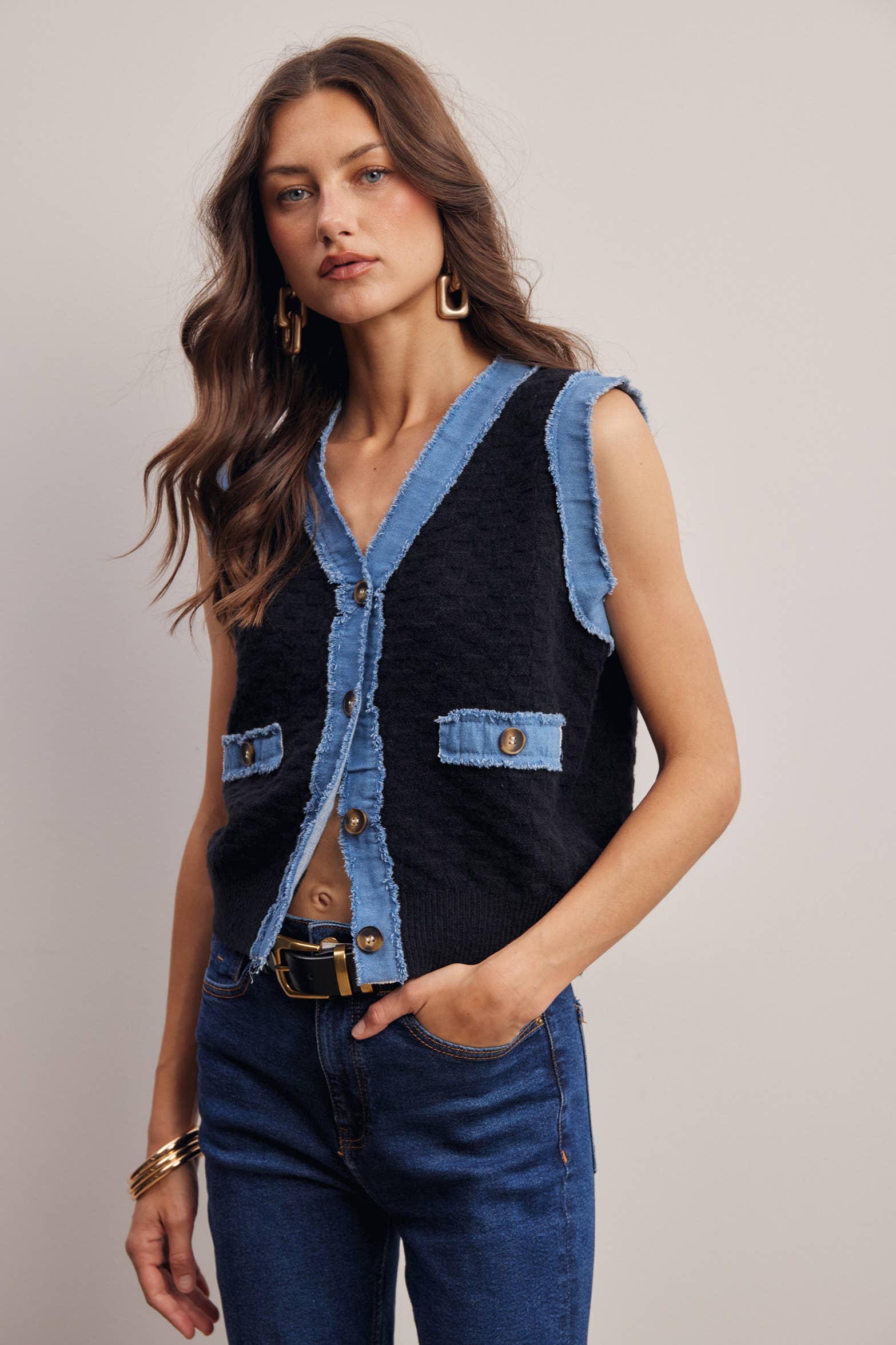 Your Favorite Denim Trim Knit Vest - 926 West