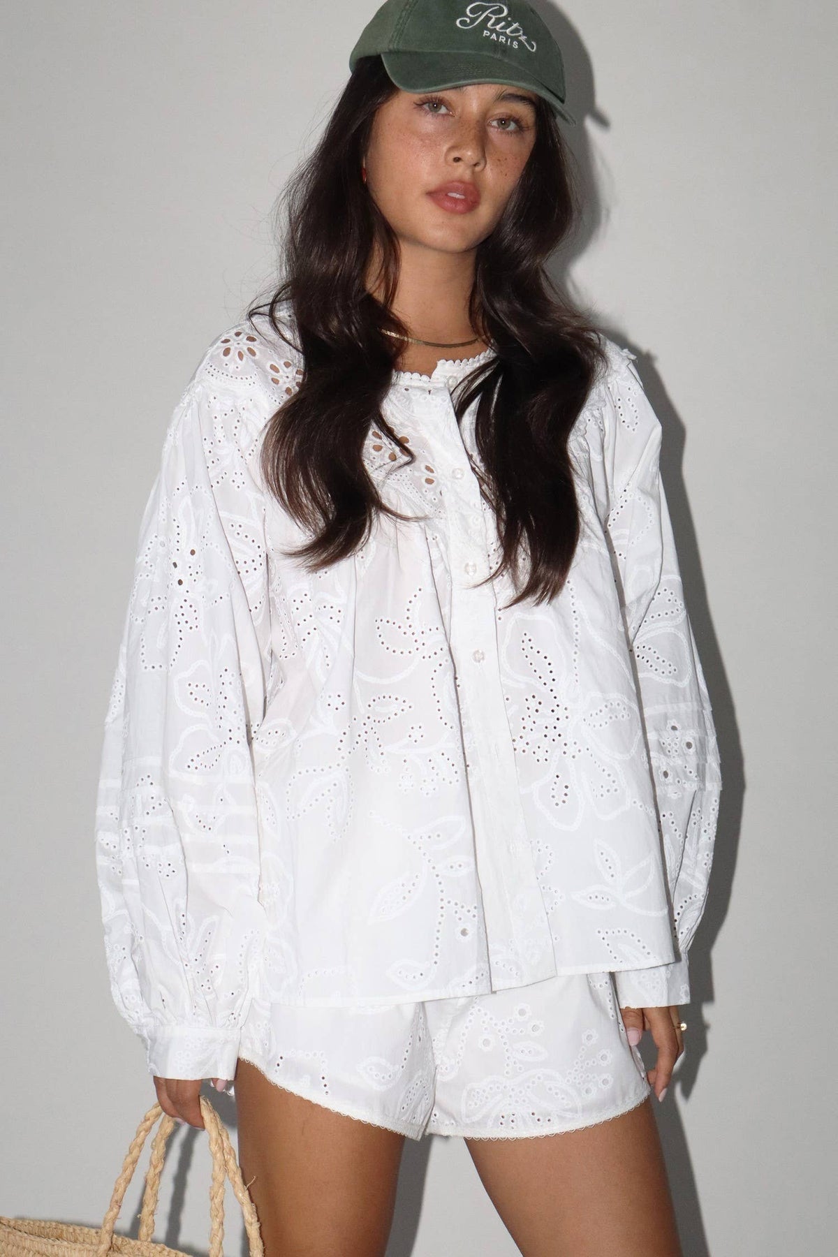 Eyelet Cotton Button Detail Shorts