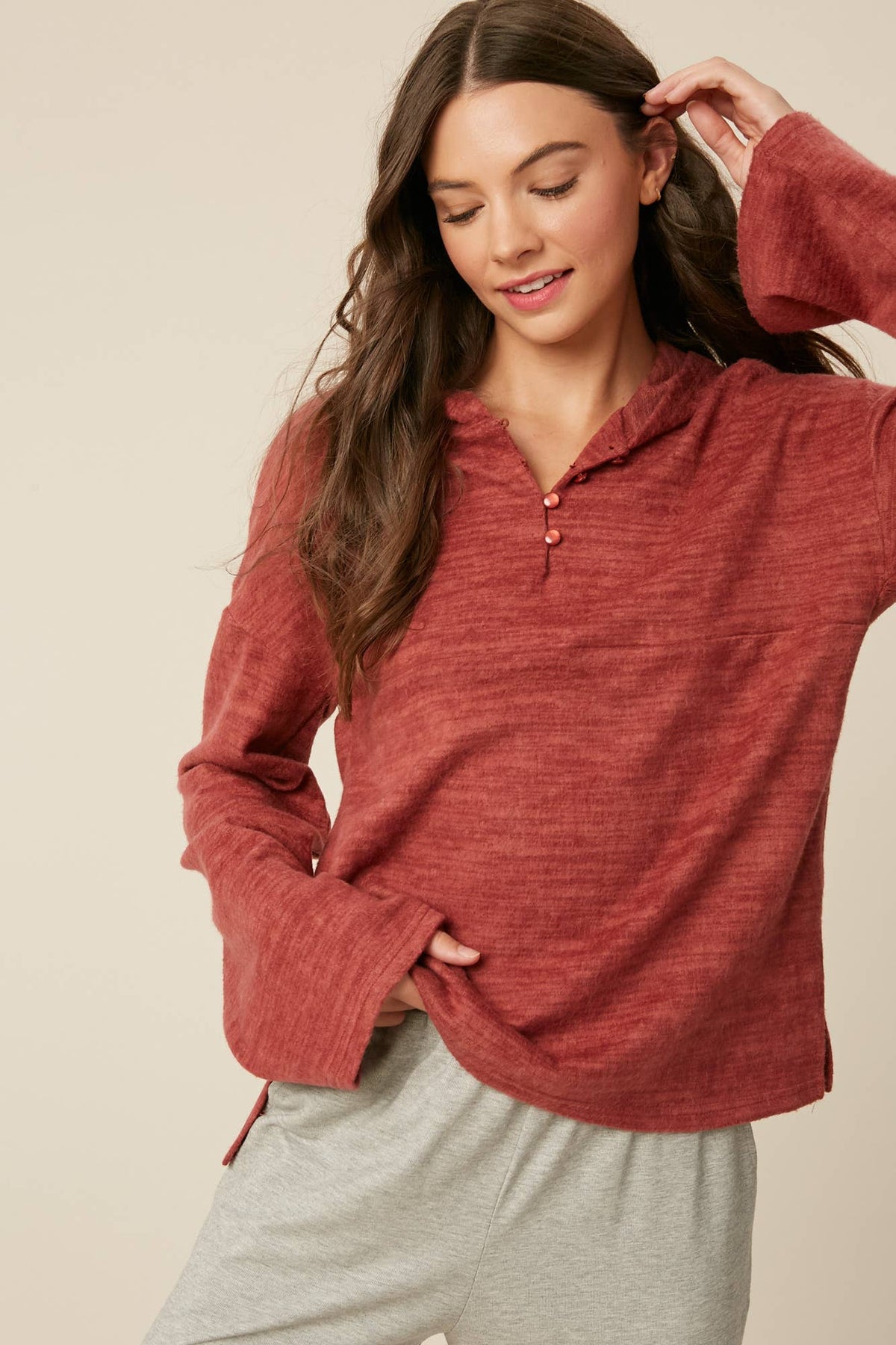 Plum Brushed Knit Henley Hoodie