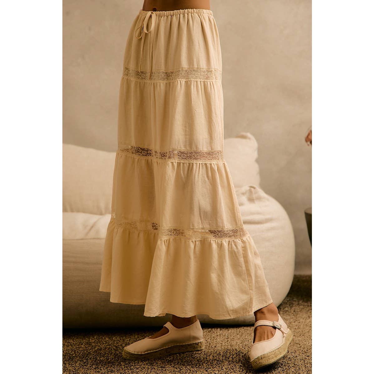 Ivory Lace-Trim Tiered Maxi Skirt