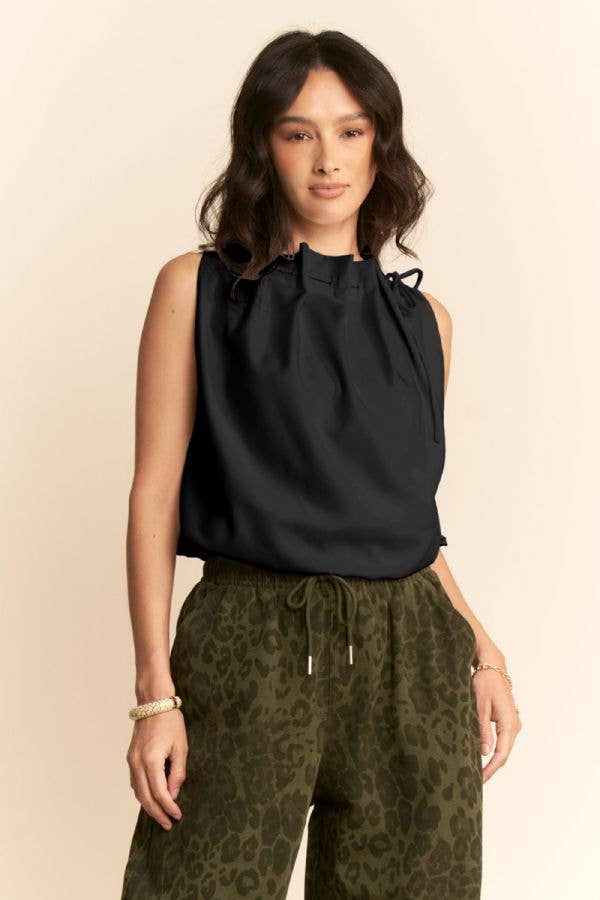 SOLID SLEEVELESS COWL NECK TIE DETAIL TOP