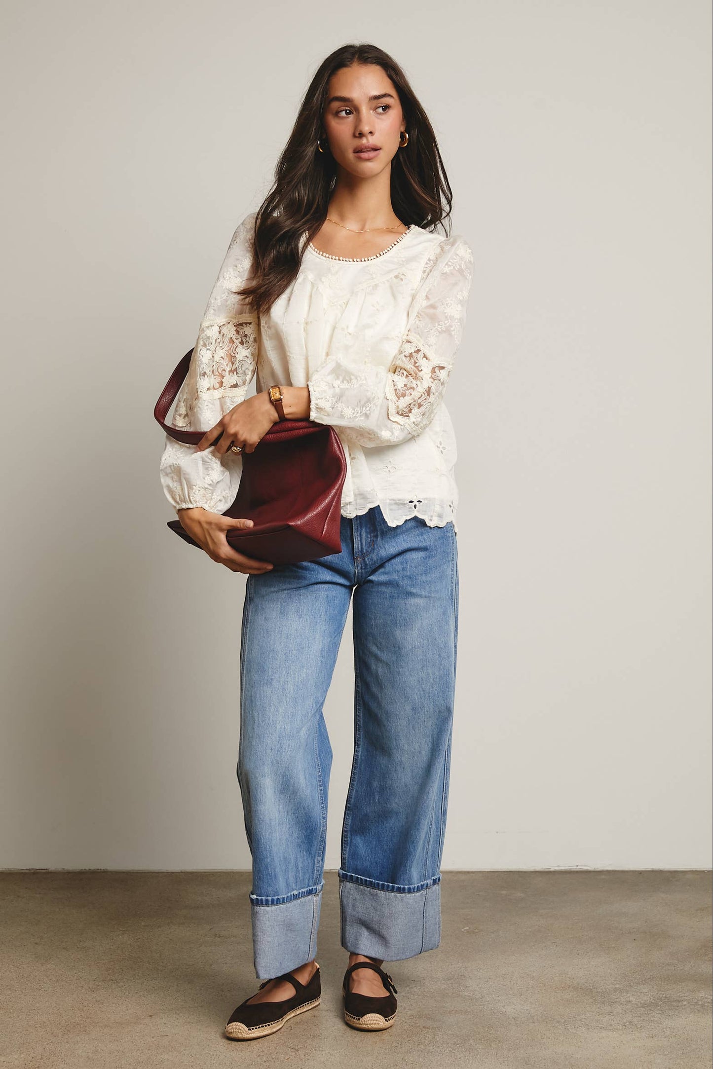 Forte - Embroidered Lace Puff Sleeve Blouse