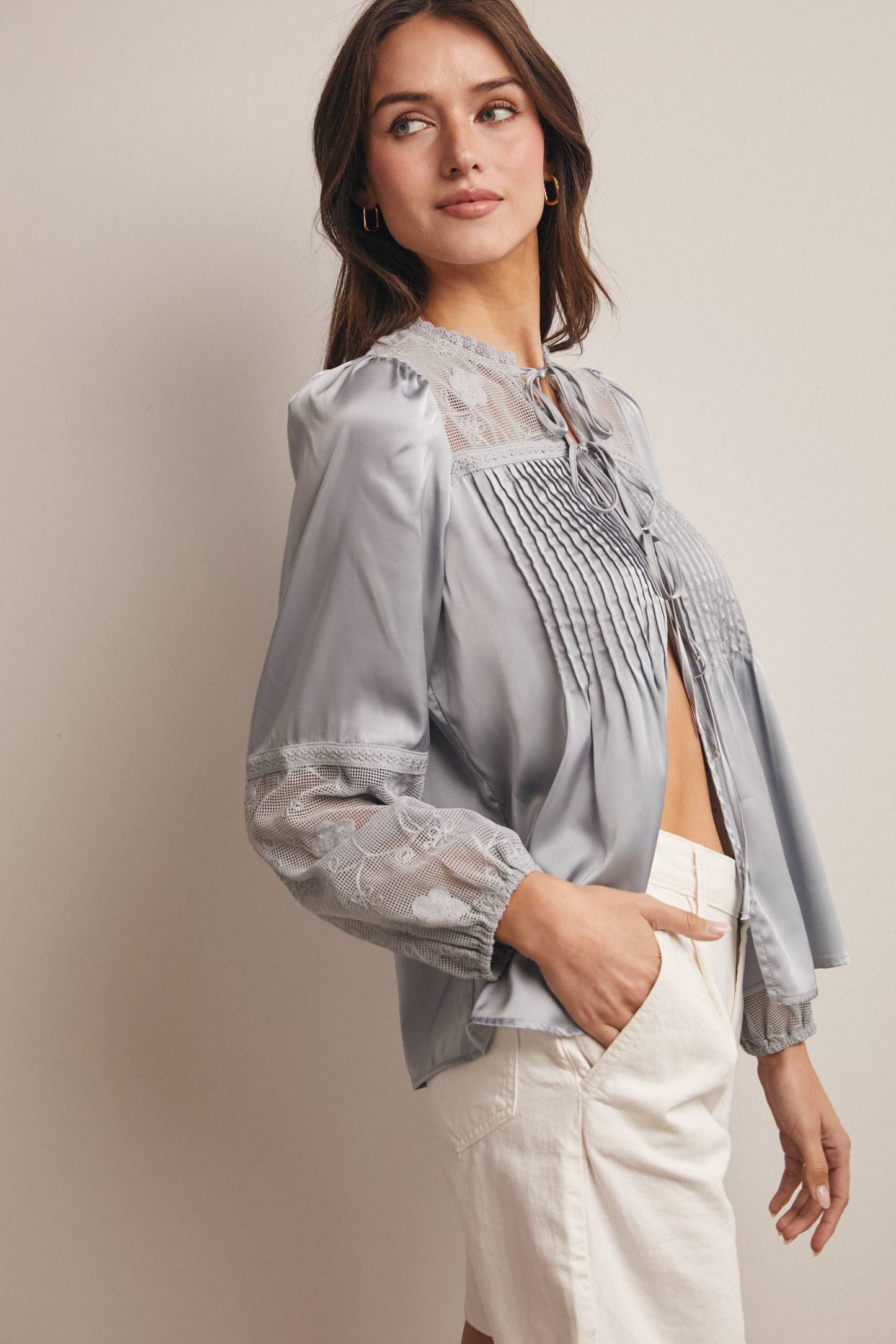 Embroidered Lace Tie-Front Blouse - 926 West