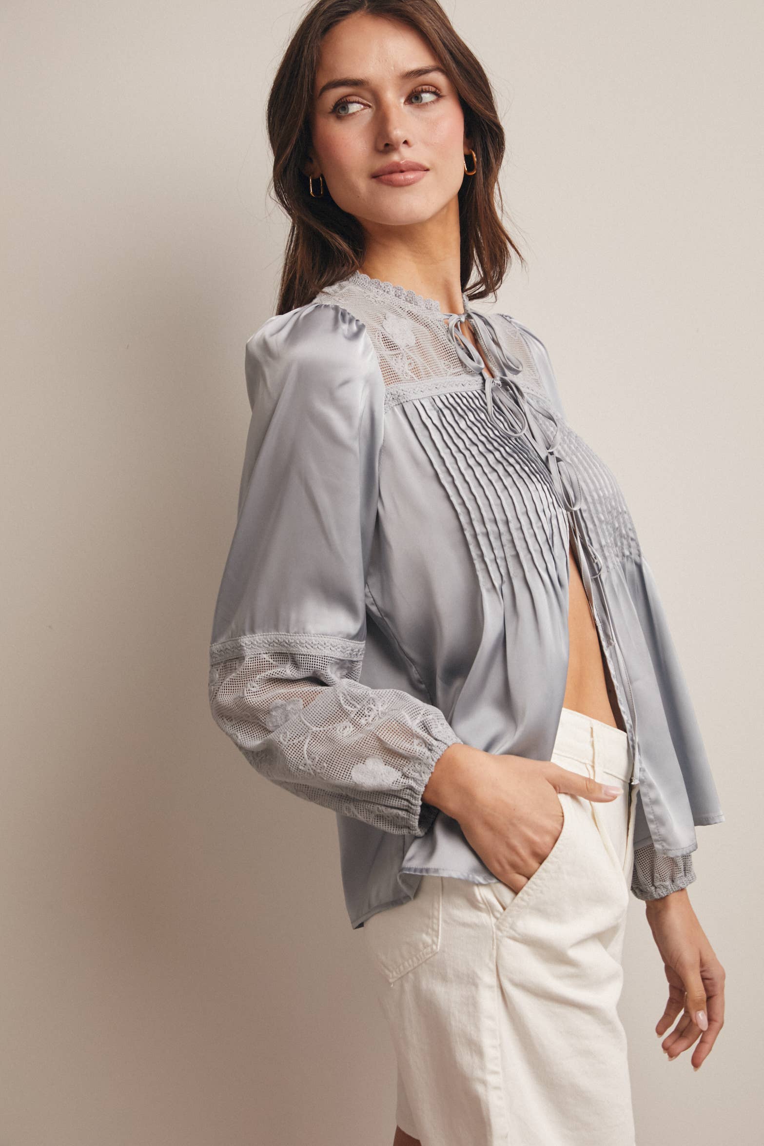 Embroidered Lace Tie-Front Blouse - 926 West