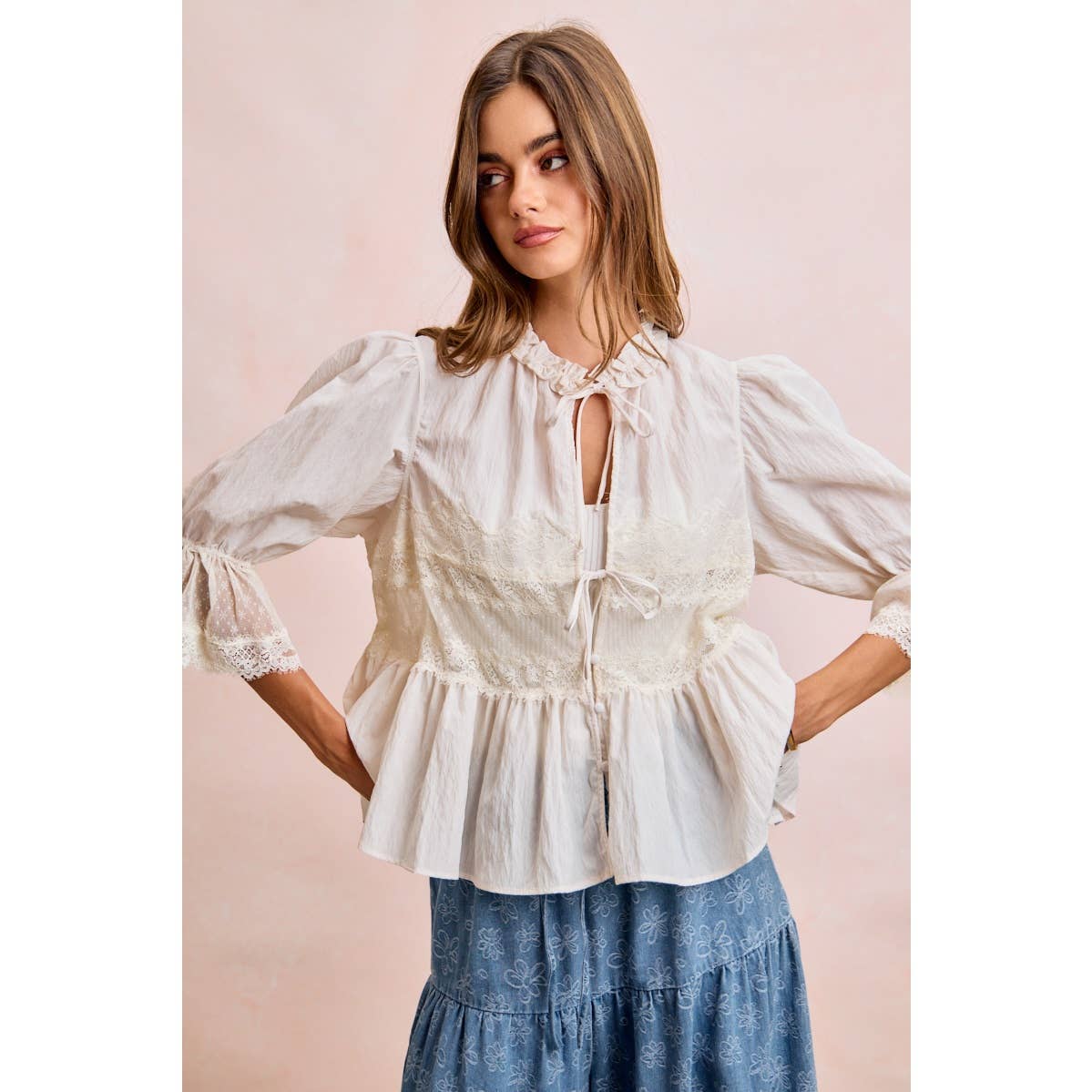 Lace Detail Front Tie Peplum Blouse