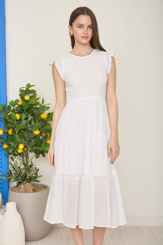 Blu Pepper - TIERED SMOCKED SHORT SLEEVE MIDI DRESS WHITE - 926 West