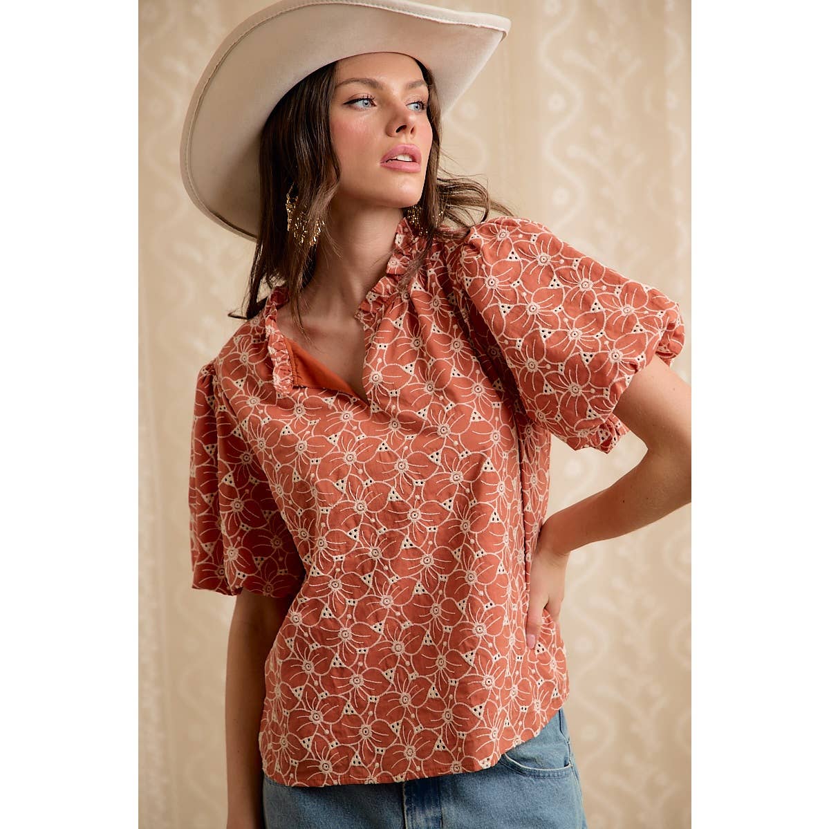Rust Cotton Eyelet Puff Sleeve Blouse