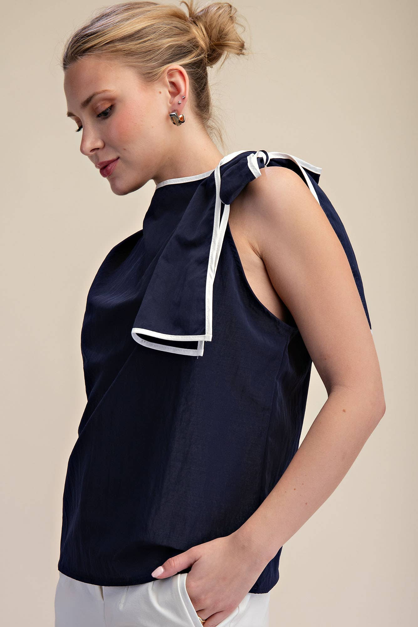 GLAM - Asymmetric Pleated Shoulder Contrasting Bow Top