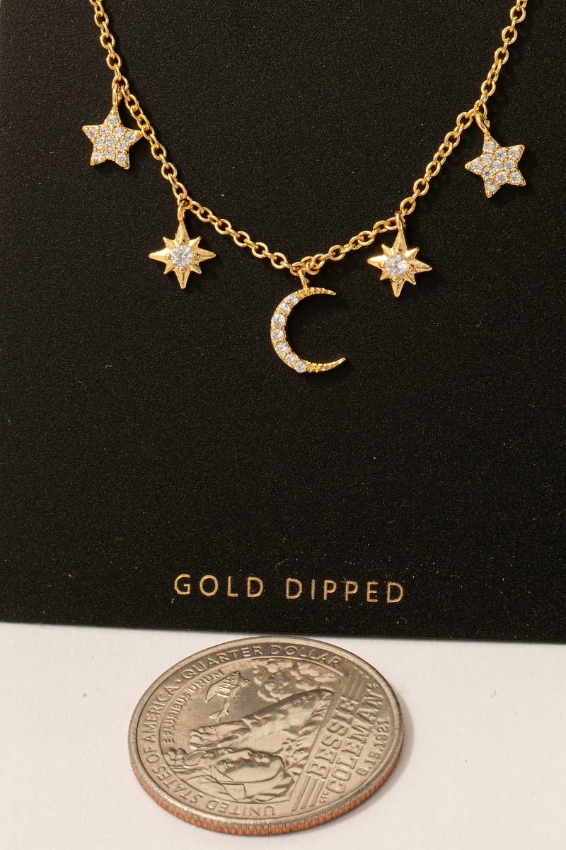 Gold Dipped Cz Pave Star And Moon Charms Chain Necklace Fame Accessories