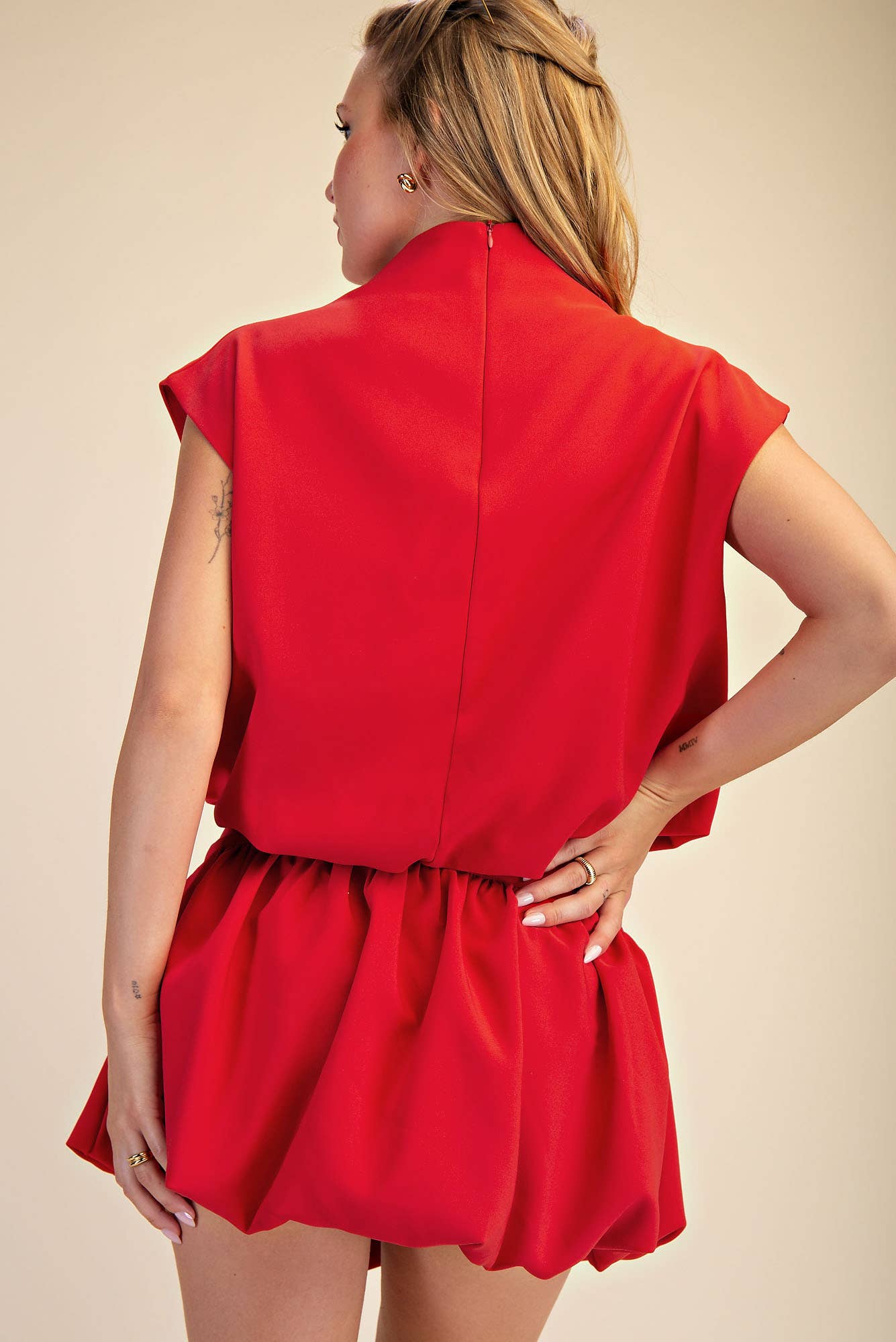 Red Mock Neck Balloon Top