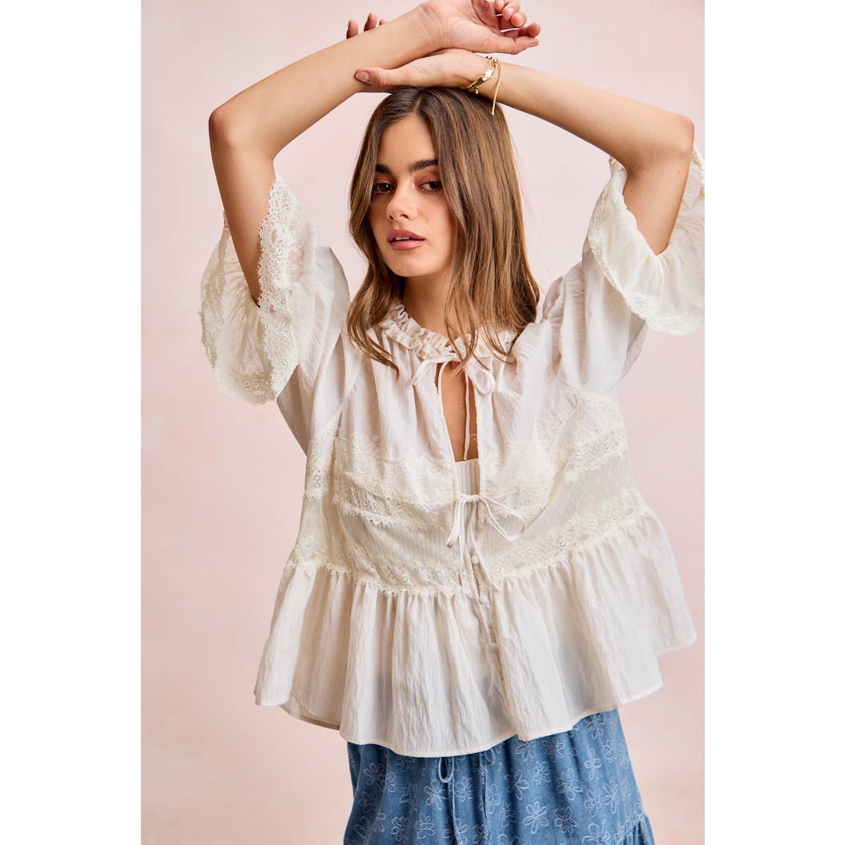 Lace Detail Front Tie Peplum Blouse