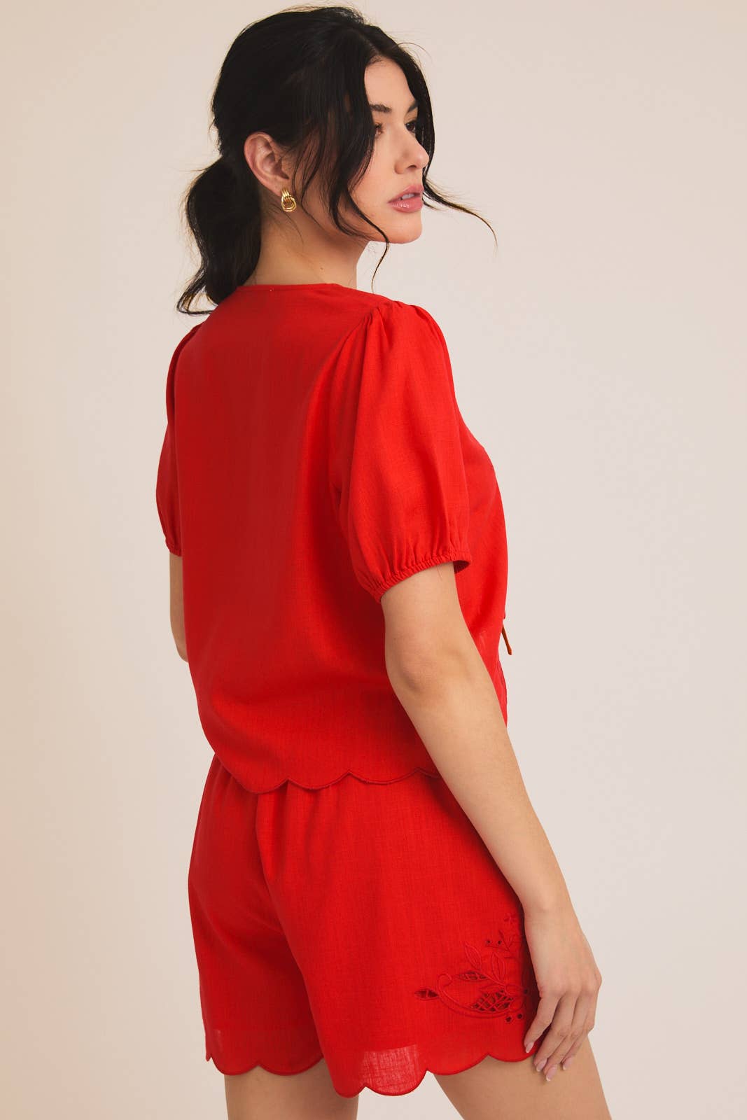 Women's EYELET FRONT TIES TOP AND SCALLOP SHORTS 926 WEST