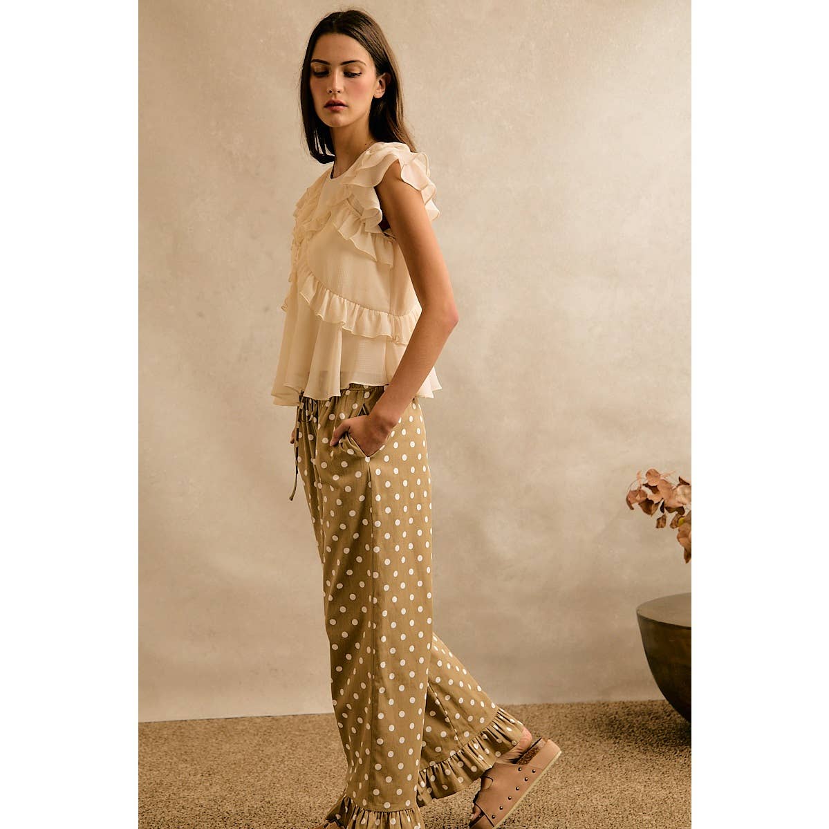 Polka Dot Print Elastic Waist Ruffle Pants
