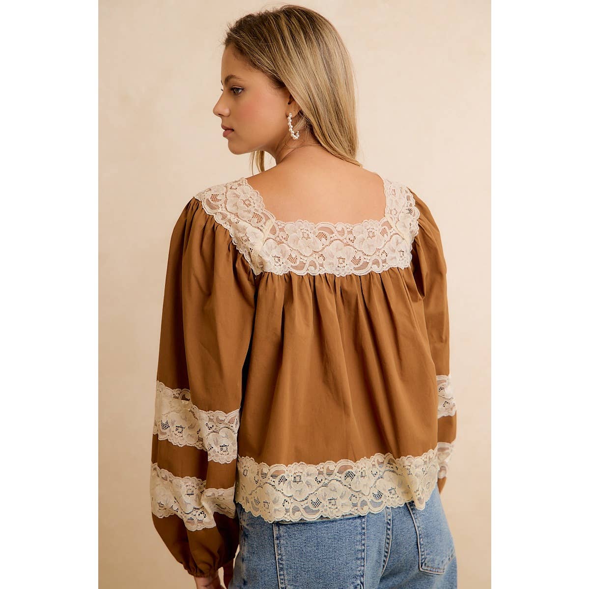 BiBi Camel Lace-Trim Balloon Sleeve Blouse