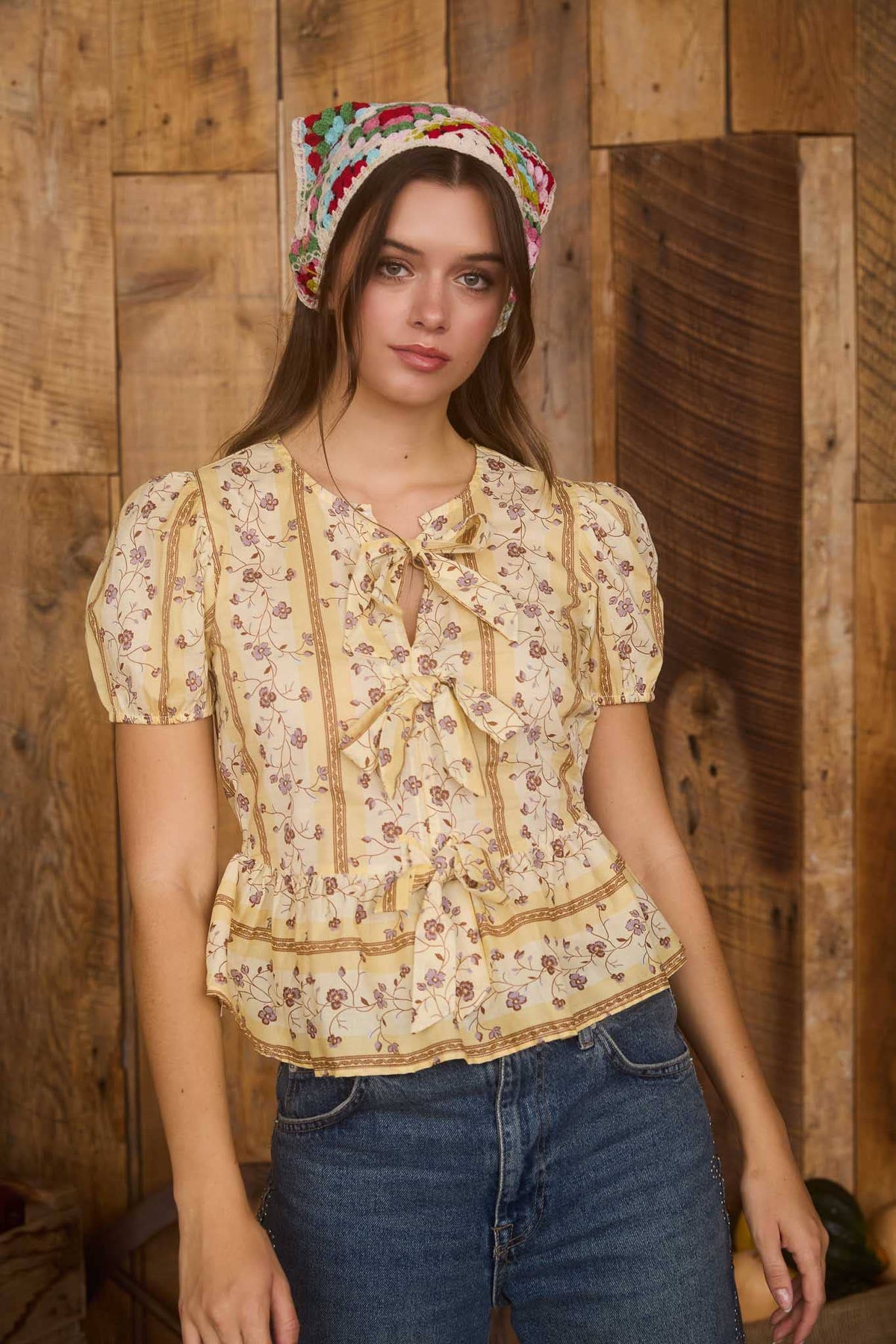 Blu Pepper - Floral Stripe Front Tie Puff Sleeve Blouse - 926 West