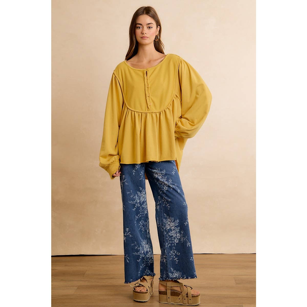 BiBi Vintage Floral Vine Wide-Leg Jeans