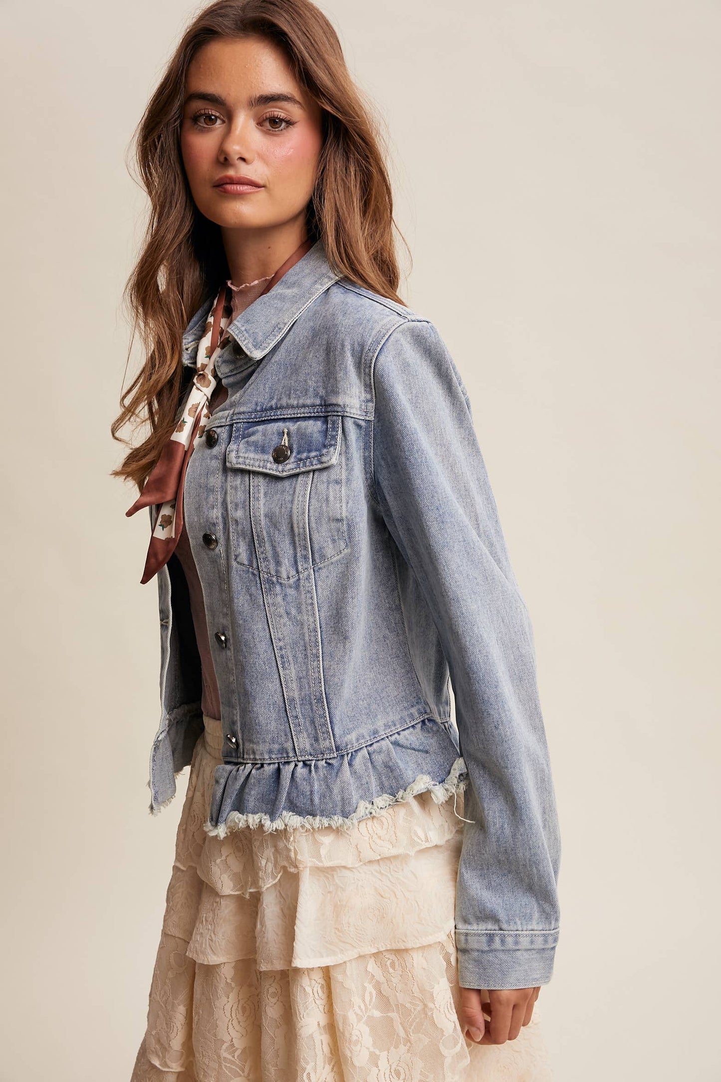 Ruffled Hem Denim Jacket in Light Wash
