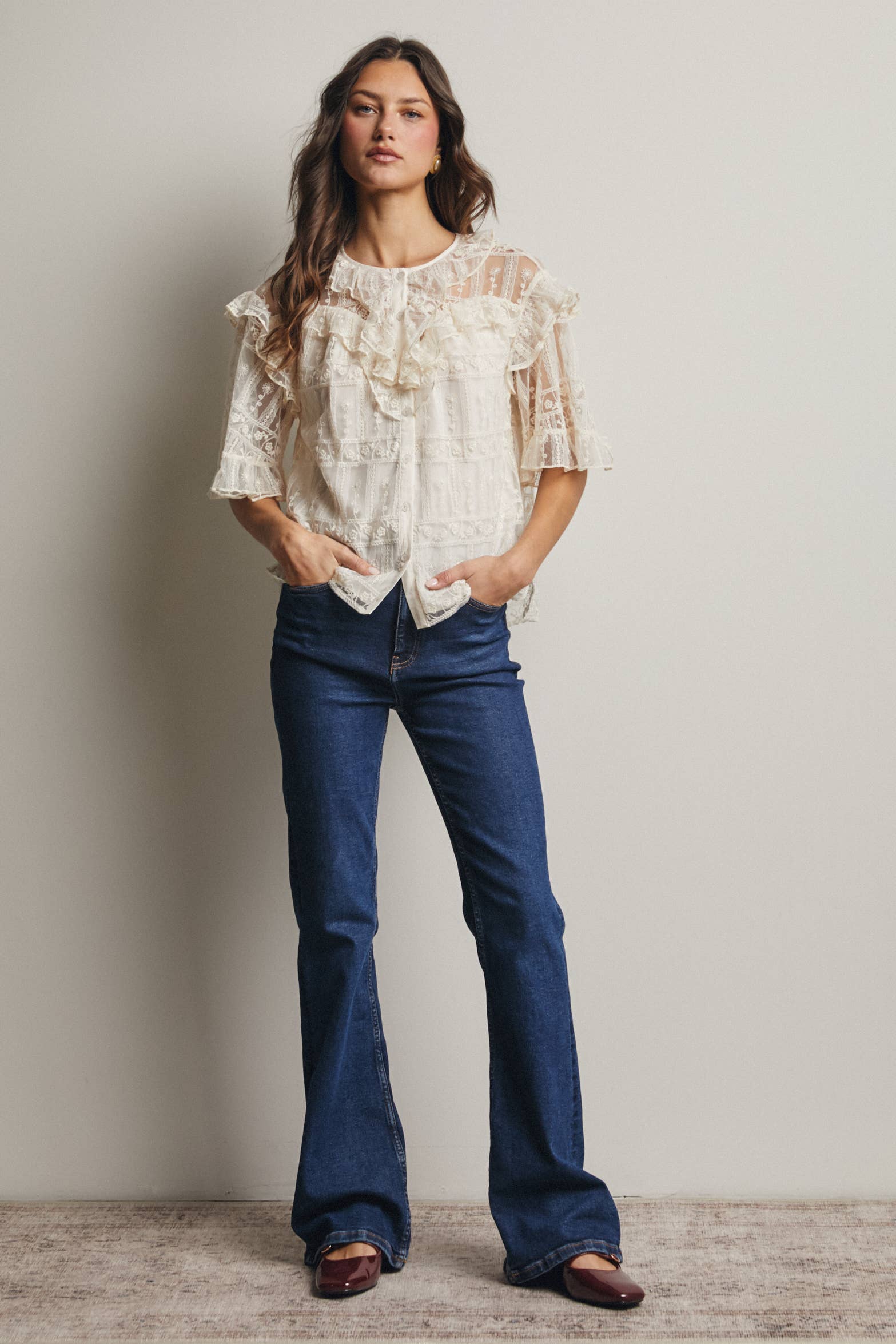 Embroidered Ruffle Lace Blouse - 926 West