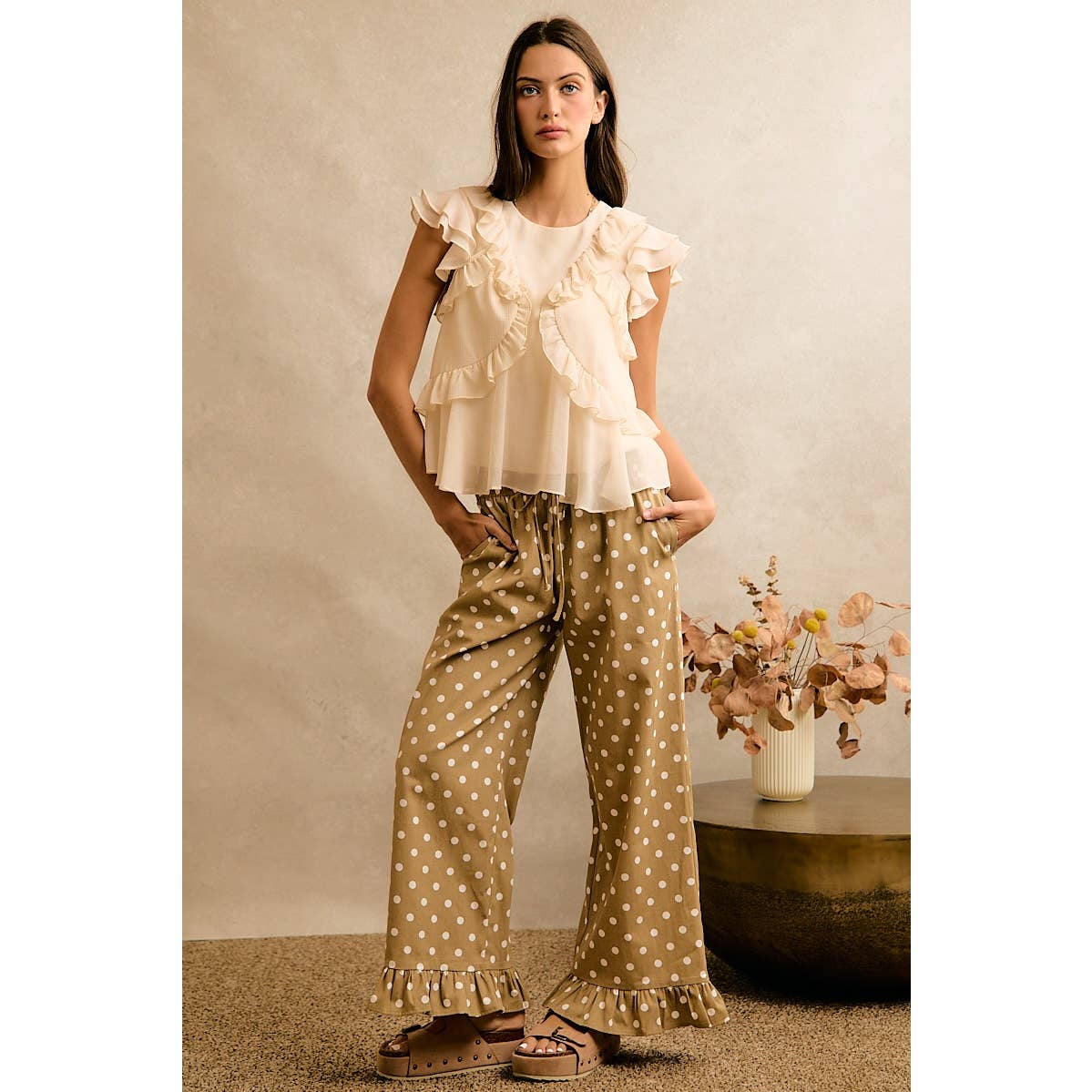 Polka Dot Print Elastic Waist Ruffle Pants