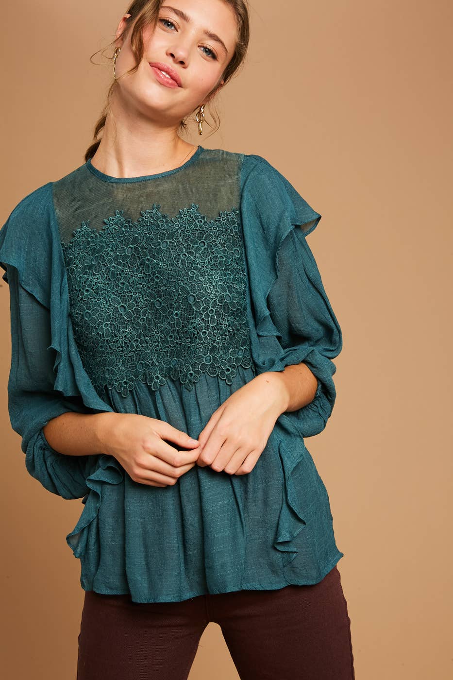 Emerald Green Floral Lace Ruffle Peasant Blouse