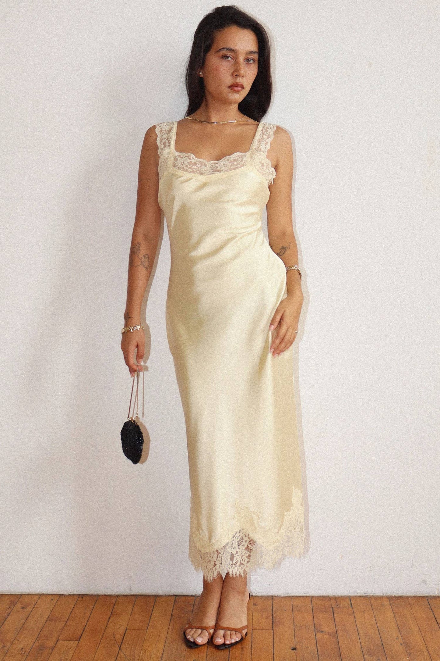 Lace Trim Satin Midi Dress