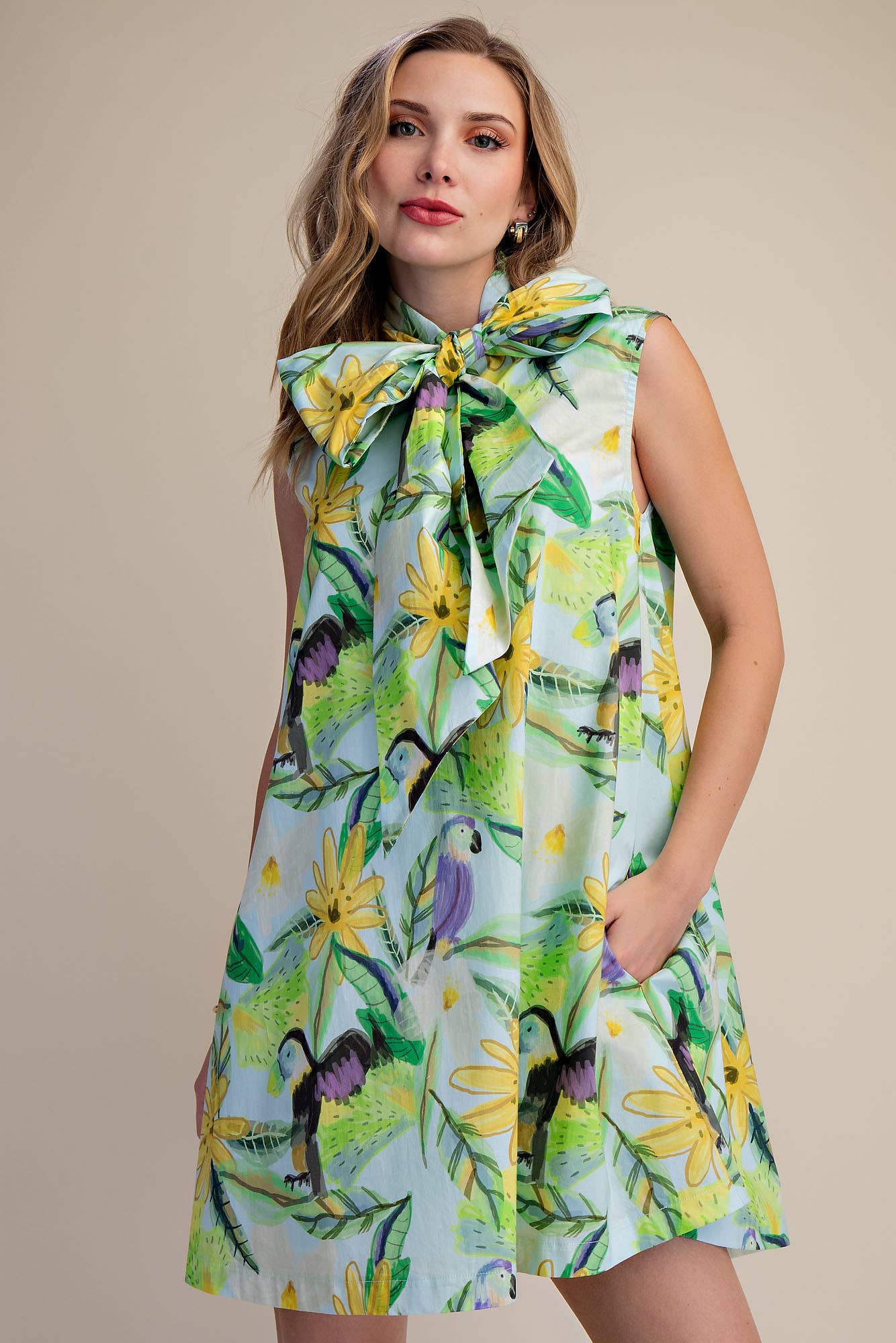 GLAM- Tie Neck Sleeveless Floral Mini Dress