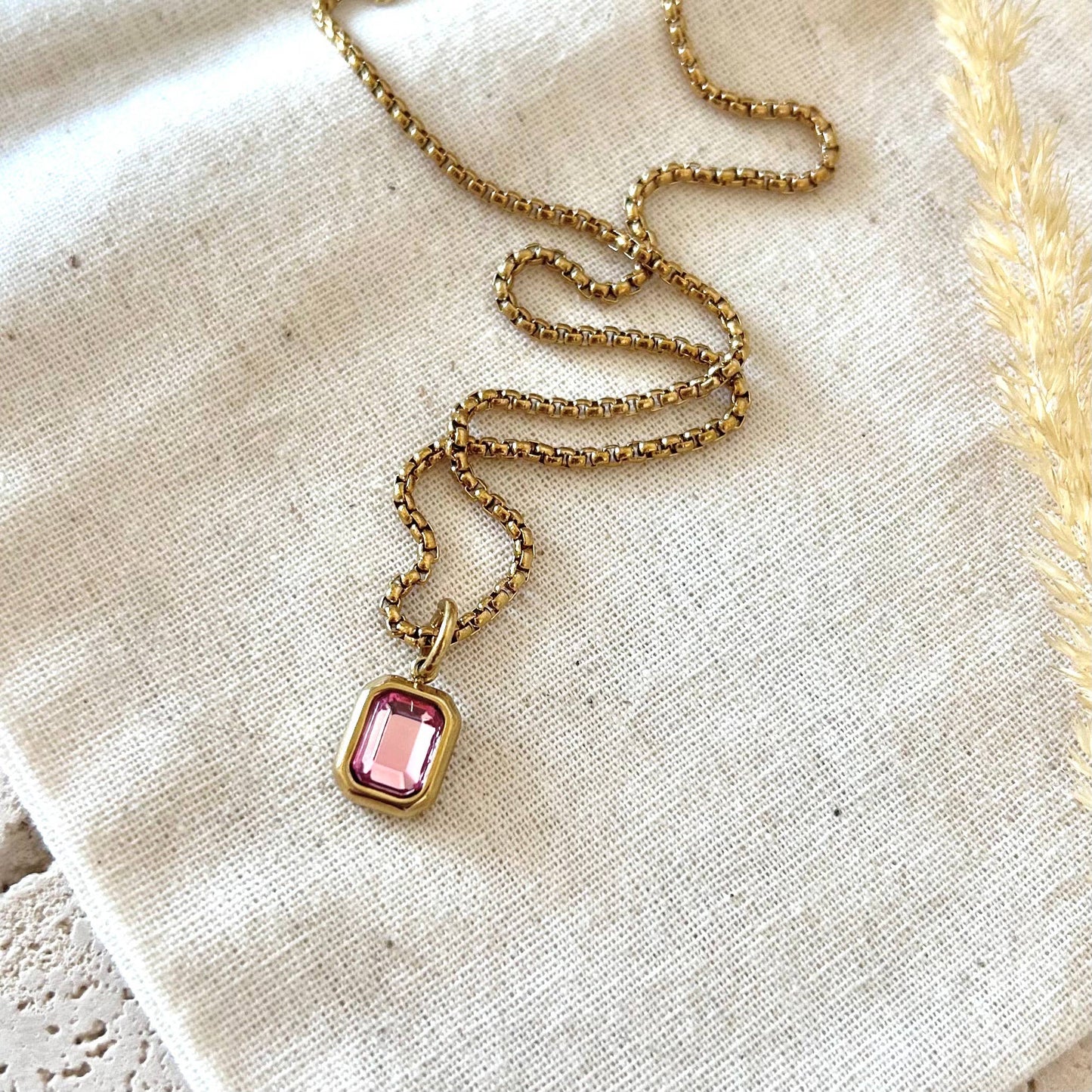 Pink Crystal Pendant Necklace | 18K Gold Plated Box Chain