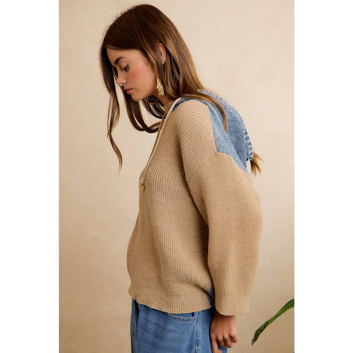 Denim Contrast Hooded Knit Pullover Top