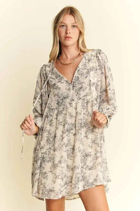 LINED 3/4 SLEEVE FLORAL CHIFFON BABYDOLL SHORT DRESS 926 West