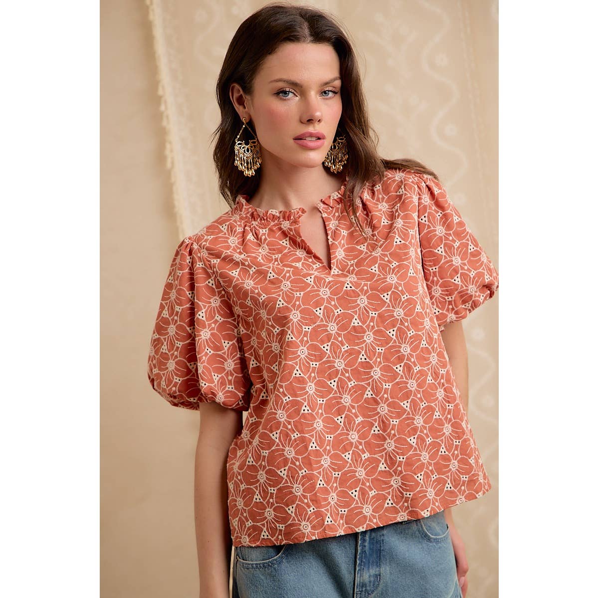 Rust Cotton Eyelet Puff Sleeve Blouse
