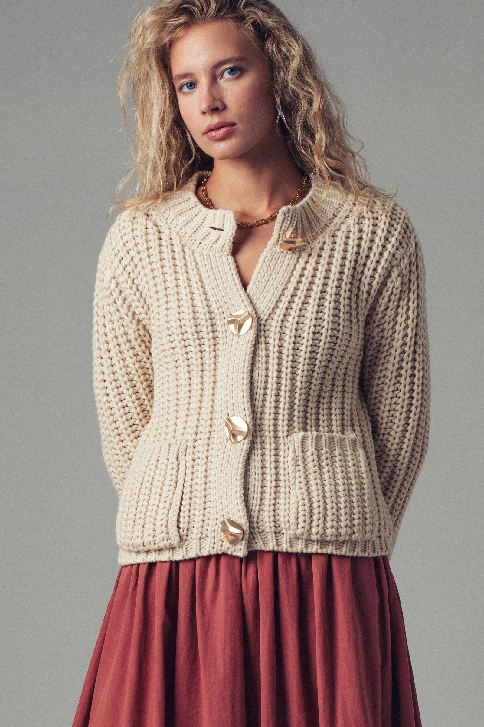 Chunky Gold Button Ribbed Knit Cardigan Urban Daizy