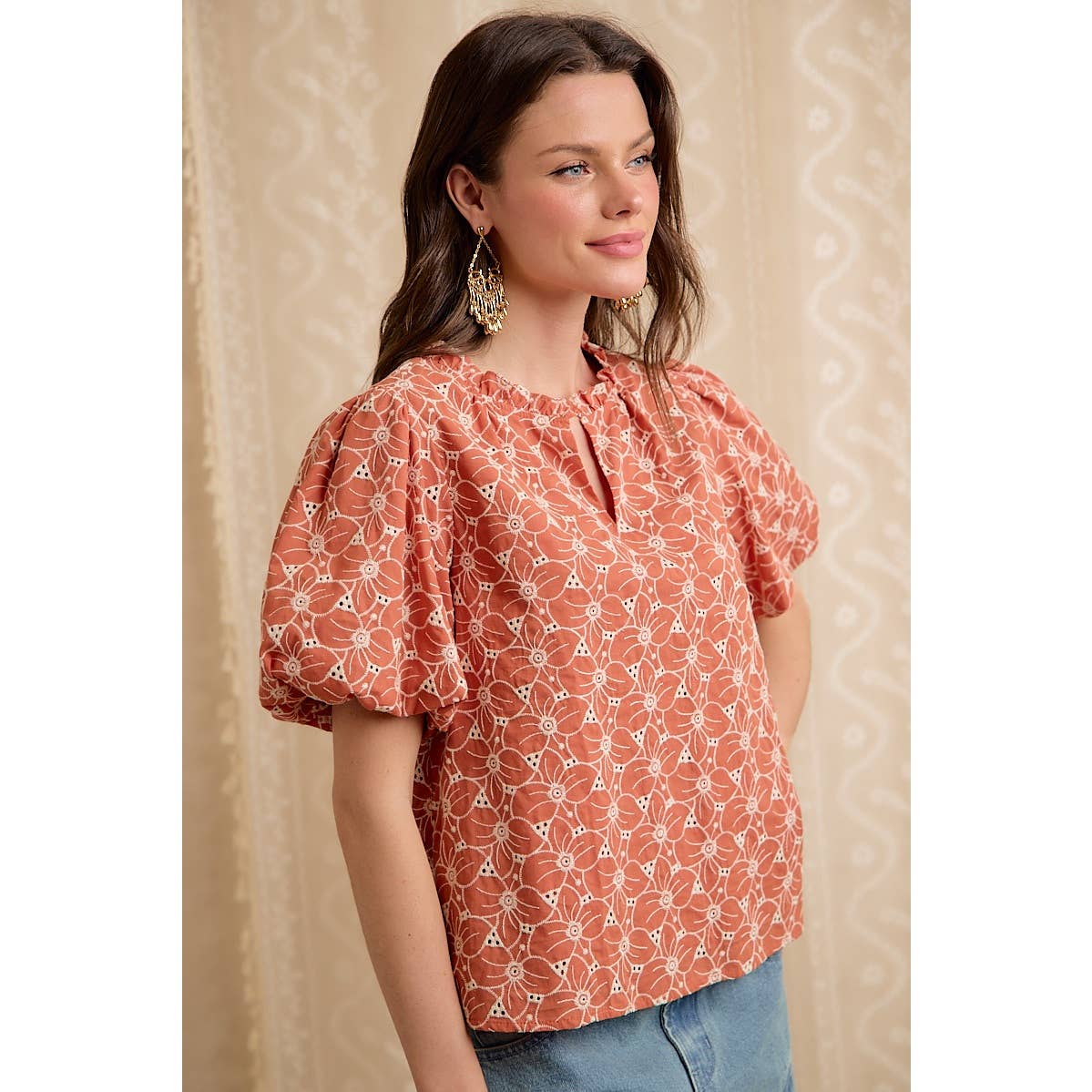 Rust Cotton Eyelet Puff Sleeve Blouse