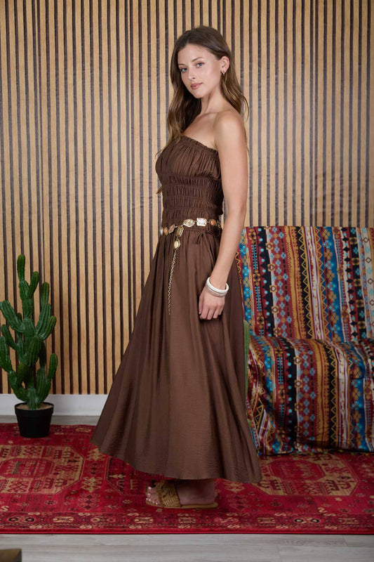 Blu Pepper  Satin Strapless Shirred Side Tie Detail Midi Dress