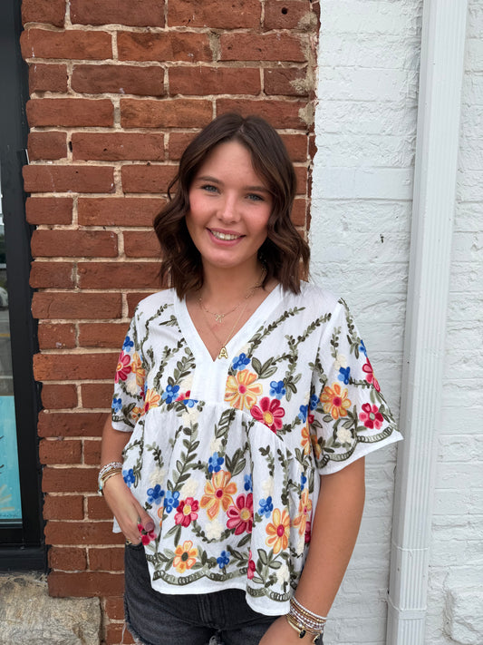 So Me Floral Embroidered Baby Doll Blouse Top