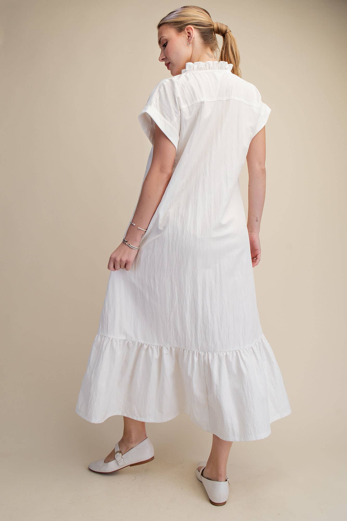 GLAM - Ruffle Neck Cuffs Sleeve Relaxed Midi Dress
