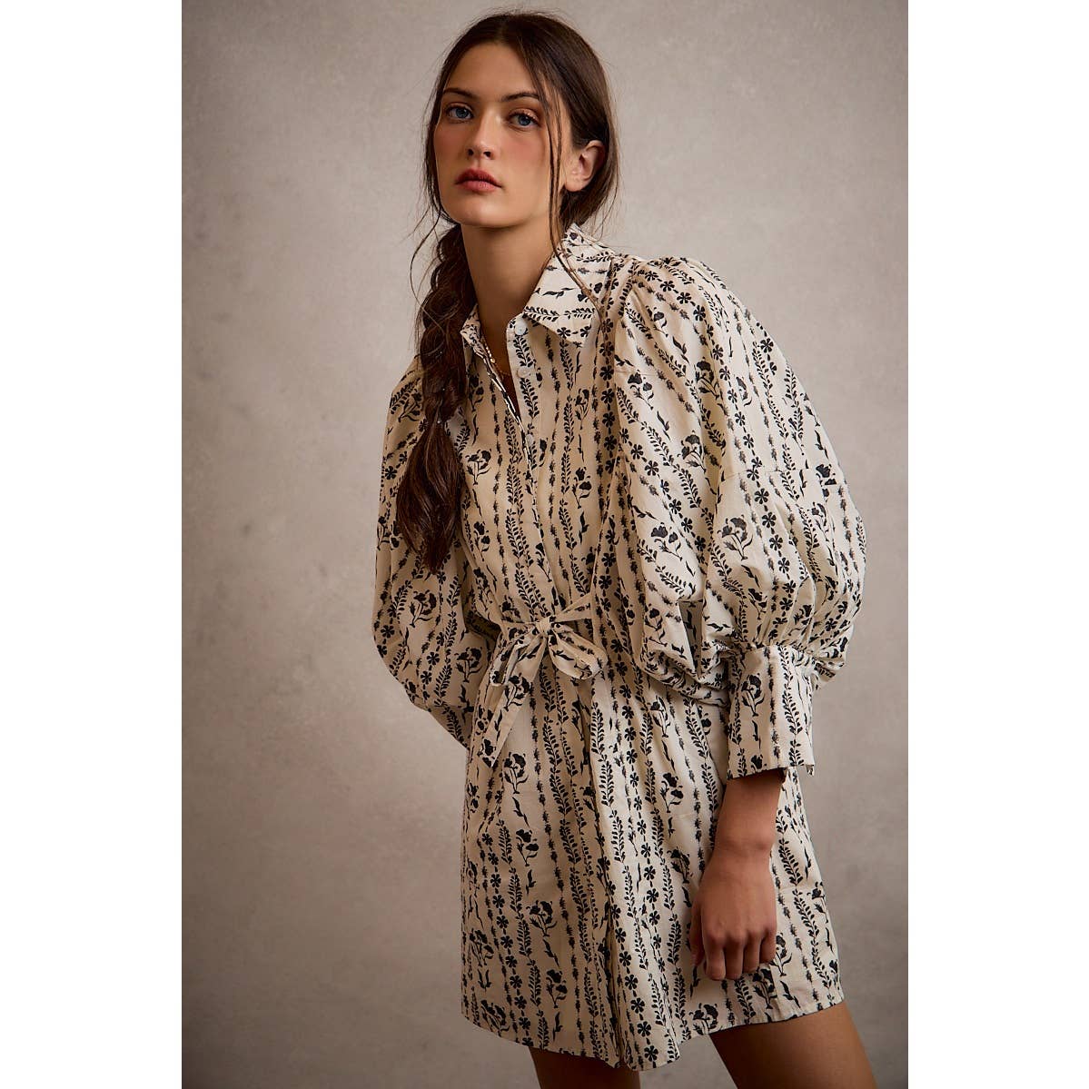 Cream Floral Puff-Sleeve Tie-Waist Mini Dress