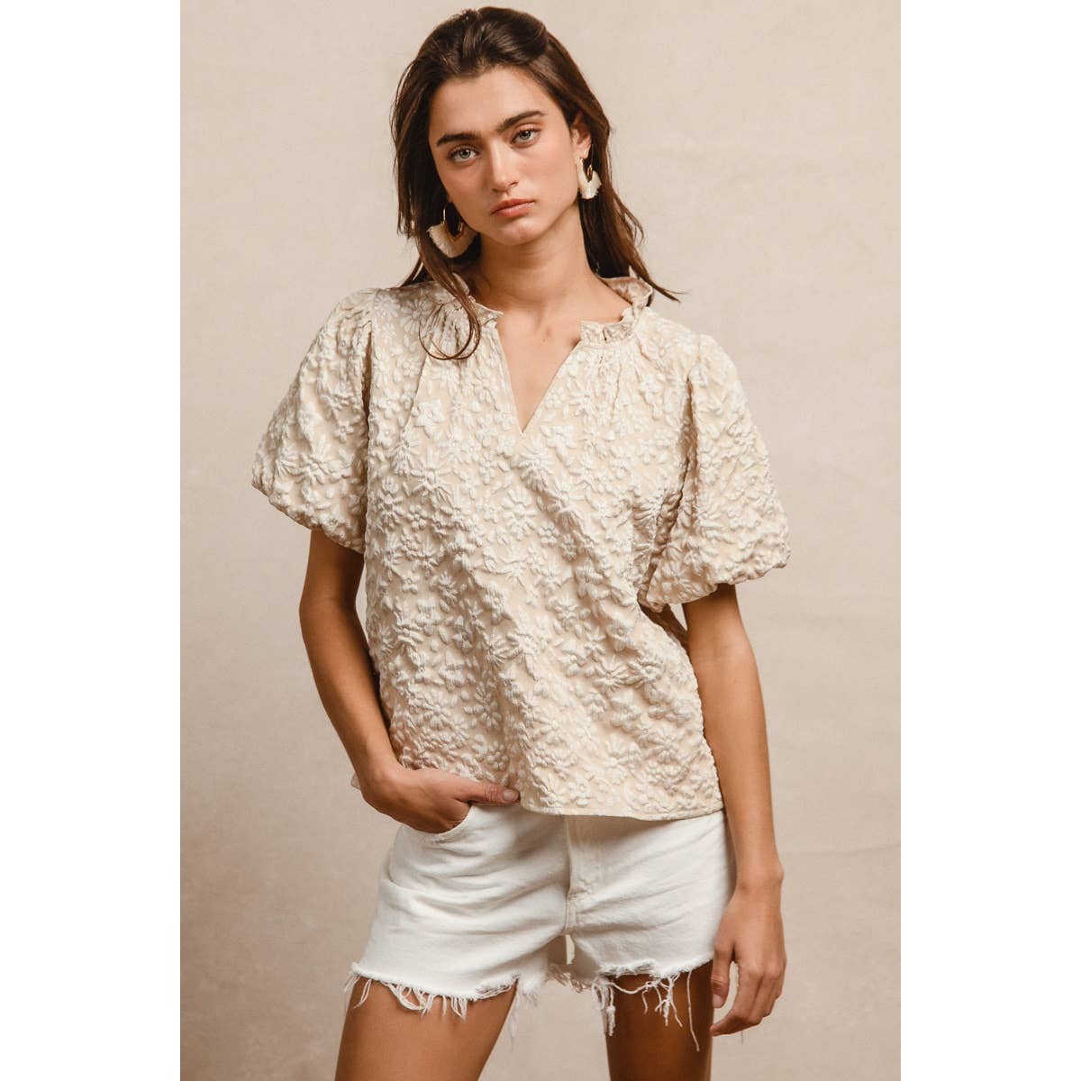 Floral Texture Balloon Sleeve V-Neck Top